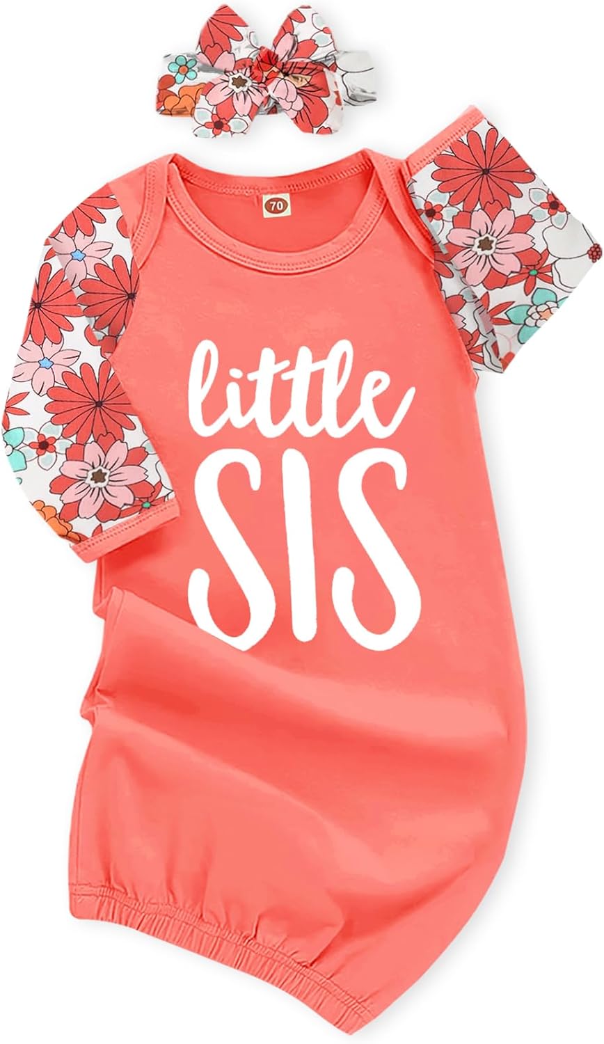 AMAWMW Newborn Baby Girl Little Sister Sleeper Gown Stripe Long Sleeve Nightgown Pajamas Gifts Stuff Essential Outfit