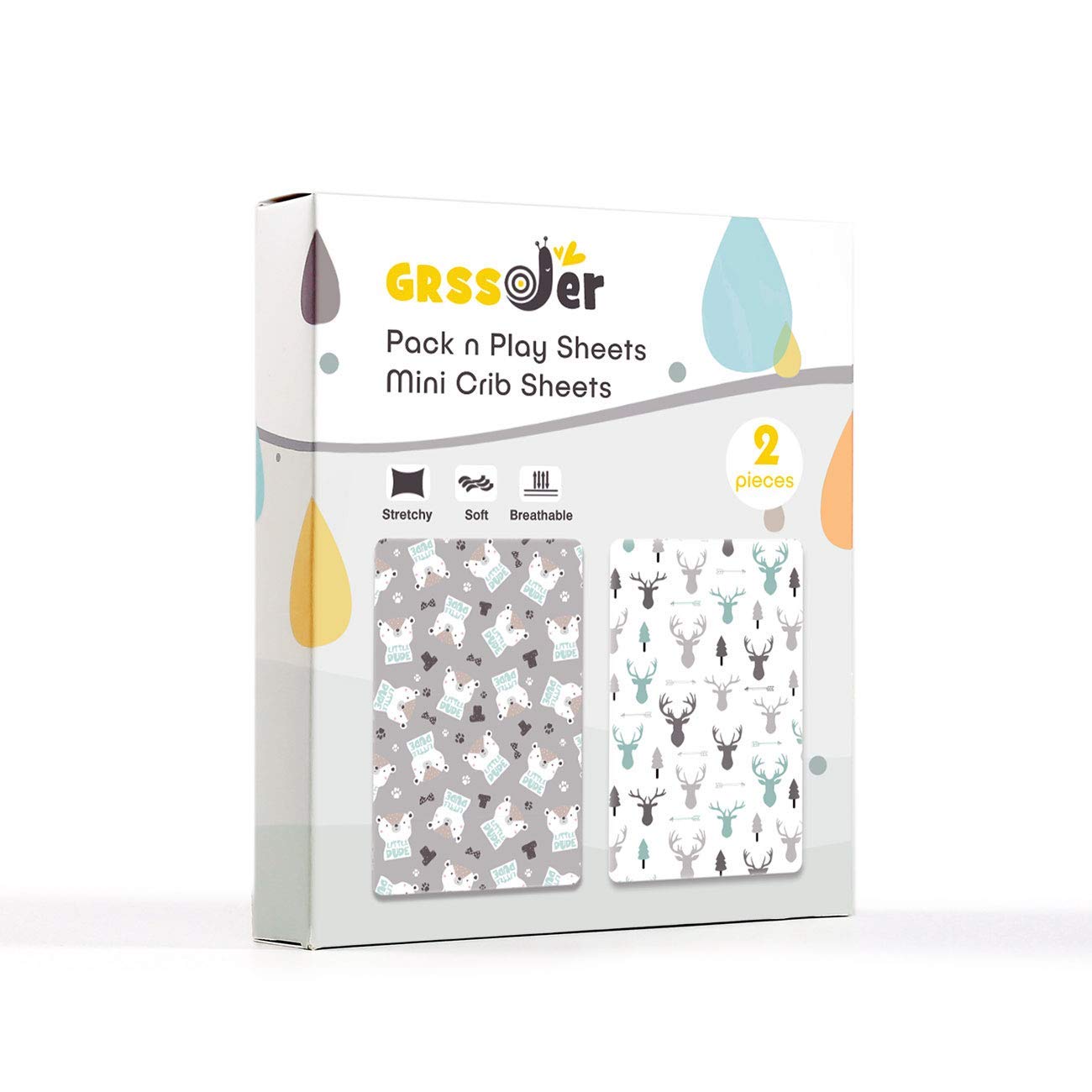 GRSSDER Stretchy Ultra Soft Jersey Knit Fitted Pack n Play Sheets 2 Pack, Playard Sheets for Baby Girls and Boys, Universal Fit for Pack N Plays Safe and Snug, Cute Bear and Deer