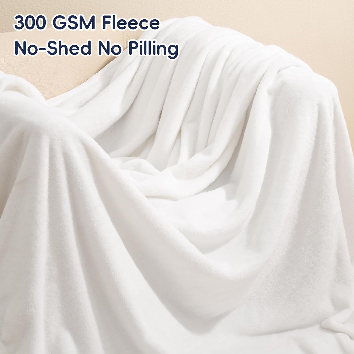 PHF Ultra Soft Fleece Blanket Queen Size, No Shed No Pilling Luxury Plush Cozy 300GSM Lightweight Blanket for Bed, Couch, Chair, Sofa Suitable for All Season, 90" x 90", White