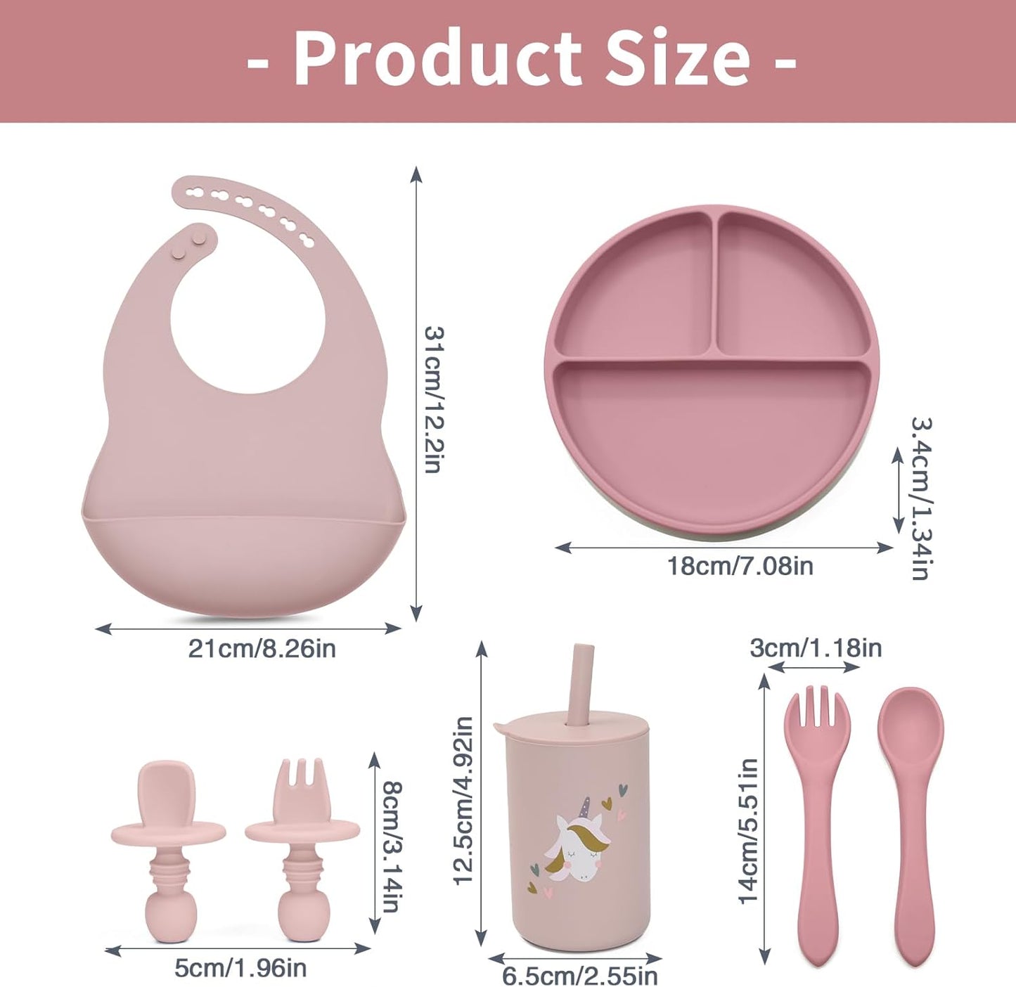 Silicone Baby Feeding Set, Baby Led Weaning Supplies, Baby Spoons Suction Divided Plate Bib Cup, First Stage Solid Food Eating Utensils - 6+ Months(Pink-Red)