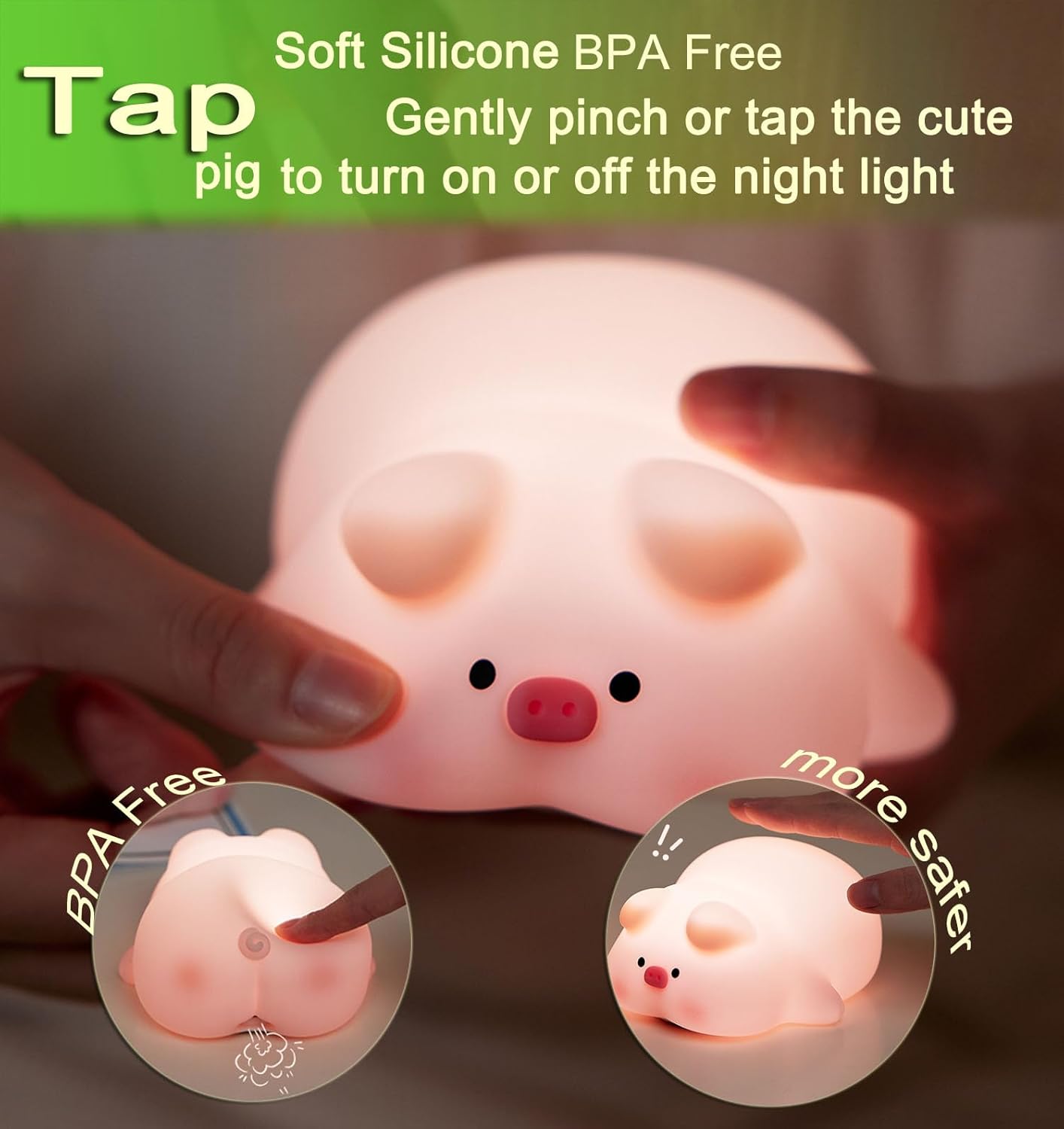 Cute Pig Lamp, Fun Lying Flat Pig Night Light, LED Squishy Animal Novelty Lamp, Light up Duck for Kids Great Gift, 3 Level Dimmable Nursery Nightlight Rechargeable Bedside Touch Lamp (Pig Lamp)