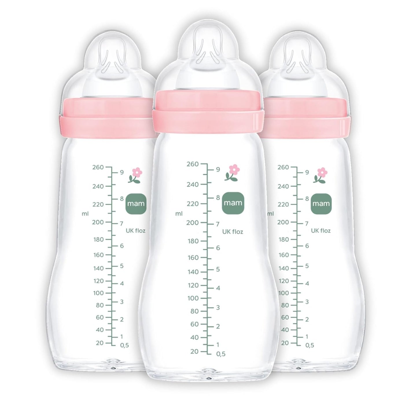 MAM Feel Good Slow Flow, Premium Glass Baby Bottles, Newborn Essentials Must Have, Easy Switch Between Breast and Bottle, 9oz, 2+ Months, BPA Free, Girl, 3 Pack