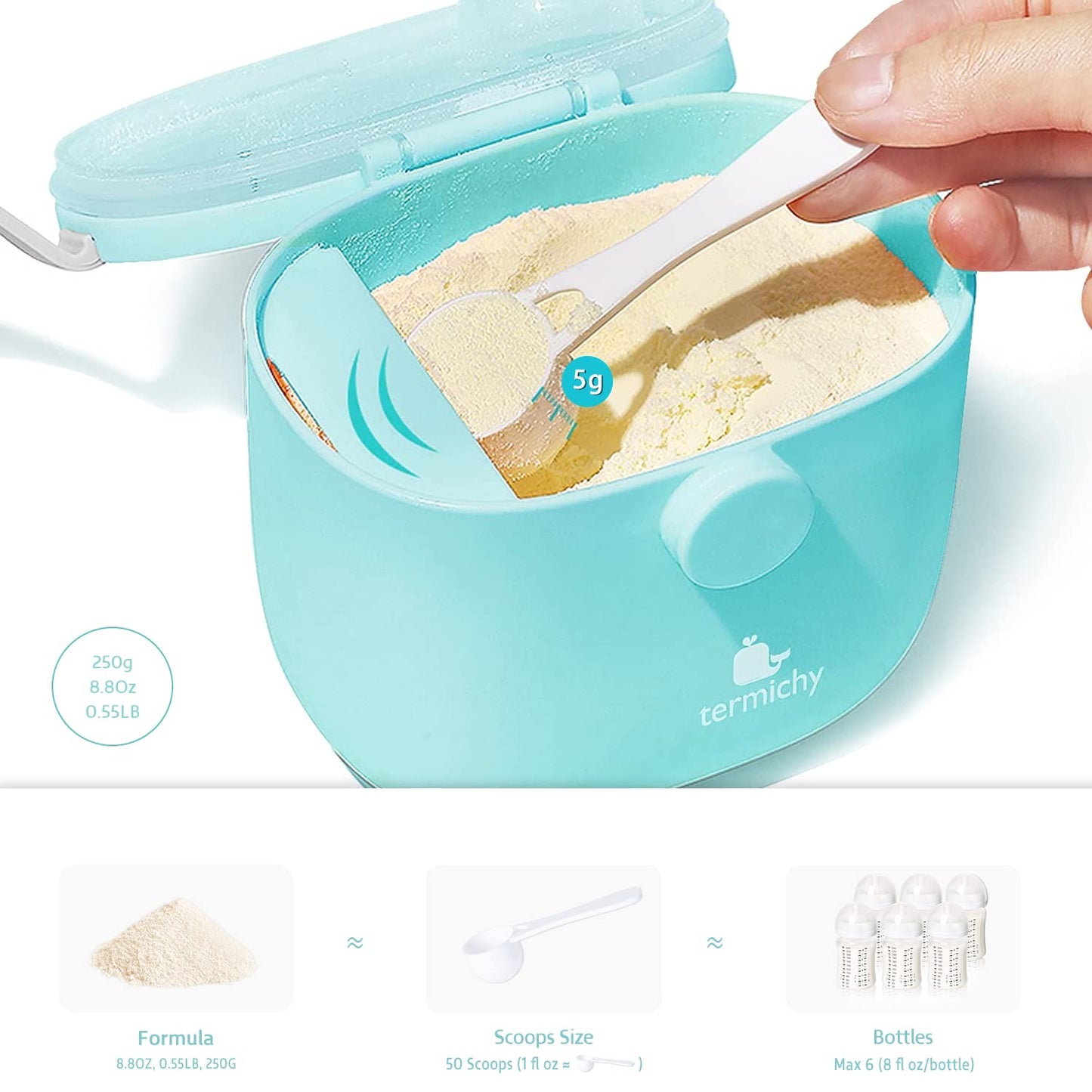 Termichy Baby Formula Dispenser, Portable Milk Powder Dispenser Container with Carry Handle and Scoop for Travel Outdoor Activities with Baby Infant, 8.8OZ, 0.55LB, 250g (Blue)