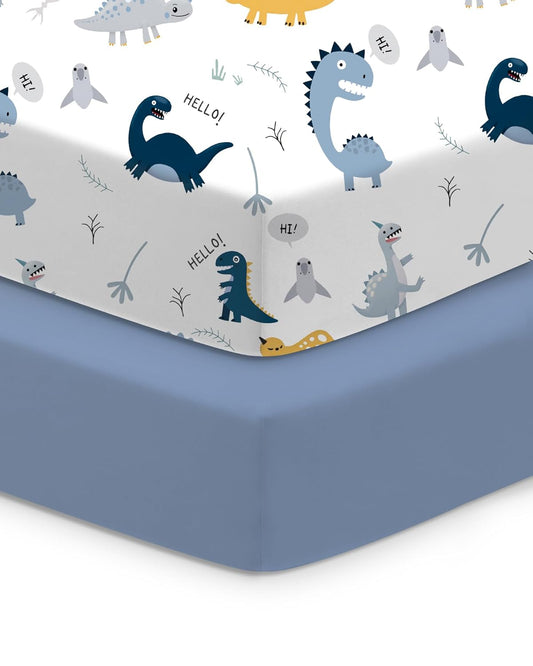 Baby Crib Sheets Boy Girl for Standard Crib Mattress - Dinosaur+Blue, Soft and Stretchy, Snug and Cozy, Fits 28''x52''x9'' Extra Deep Pocket