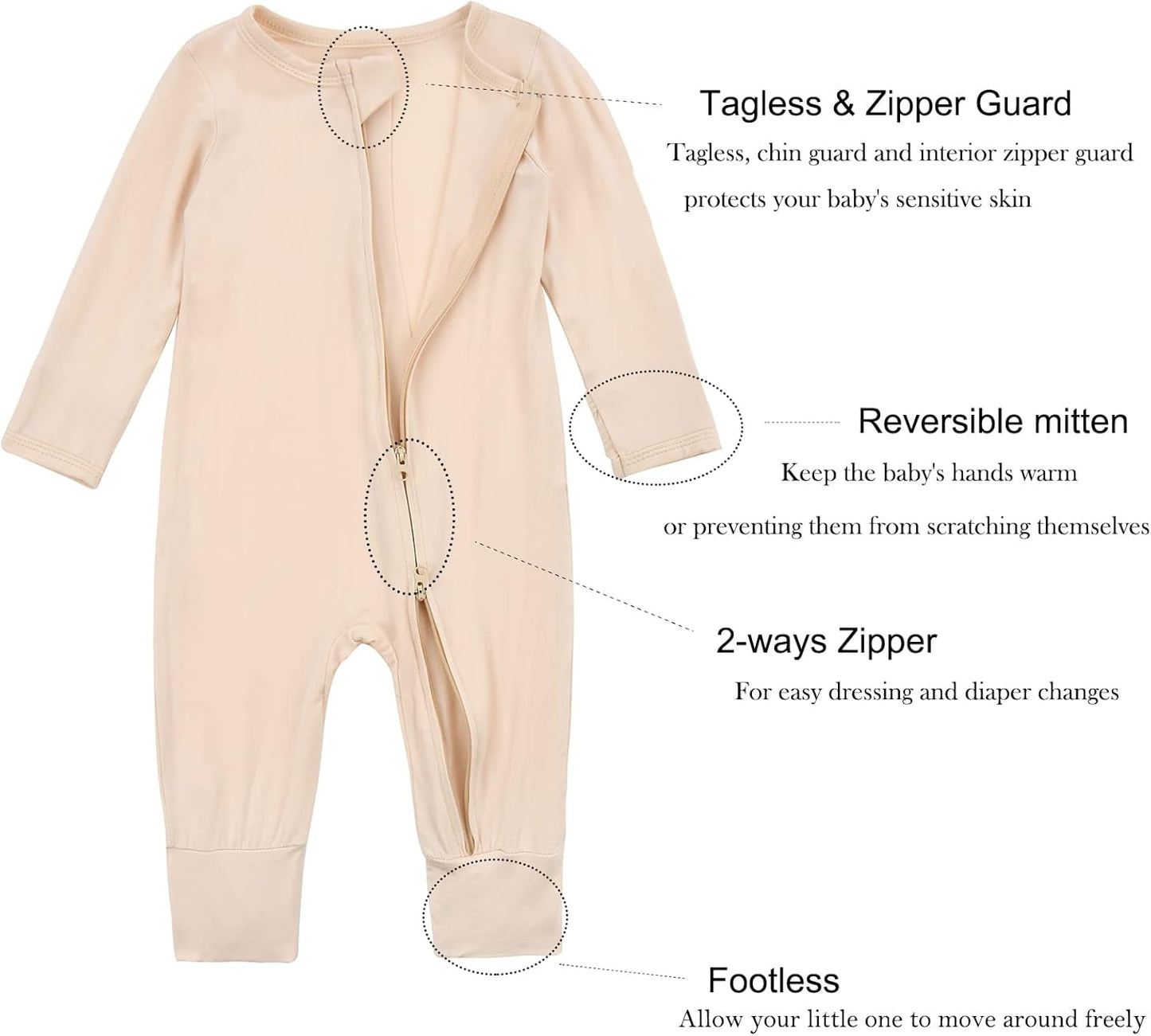 Aablexema Baby Footless Pajamas Zipper with Mitten, Rayon from Bamboo, Infant Long Sleeve Romper Pjs
