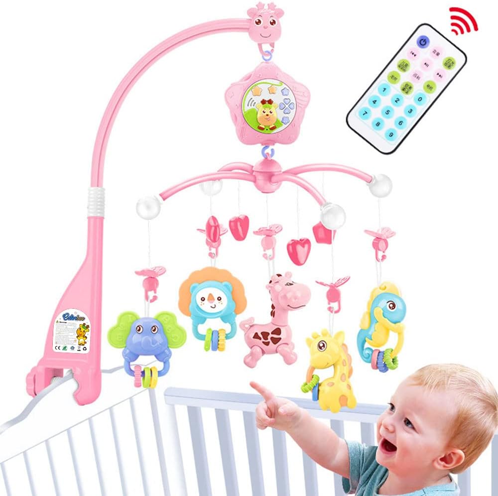 caterbee Baby Crib Mobile for Pack and Play, Crib Toys with Light and Musicial, Remote,Projector for Ages 0+ Months (Pink-Forest)