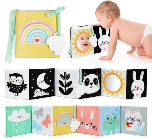 OKOOKO Black and White Baby Book, High Contrast Toy, 0-6 Months Baby Soft Book Tummy Time Montessori Sensory Toy for Stroller Early Education for 0-6 6-12 Months Newborn Infant