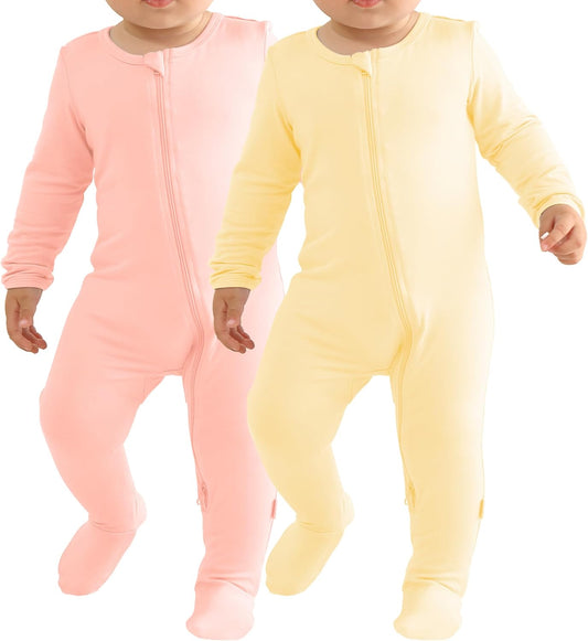 Baby Bamboo Rayon Romper Infant Footies Long Sleeve Double Zipper Outfits 2-Pack One-Piece Jumpsuits