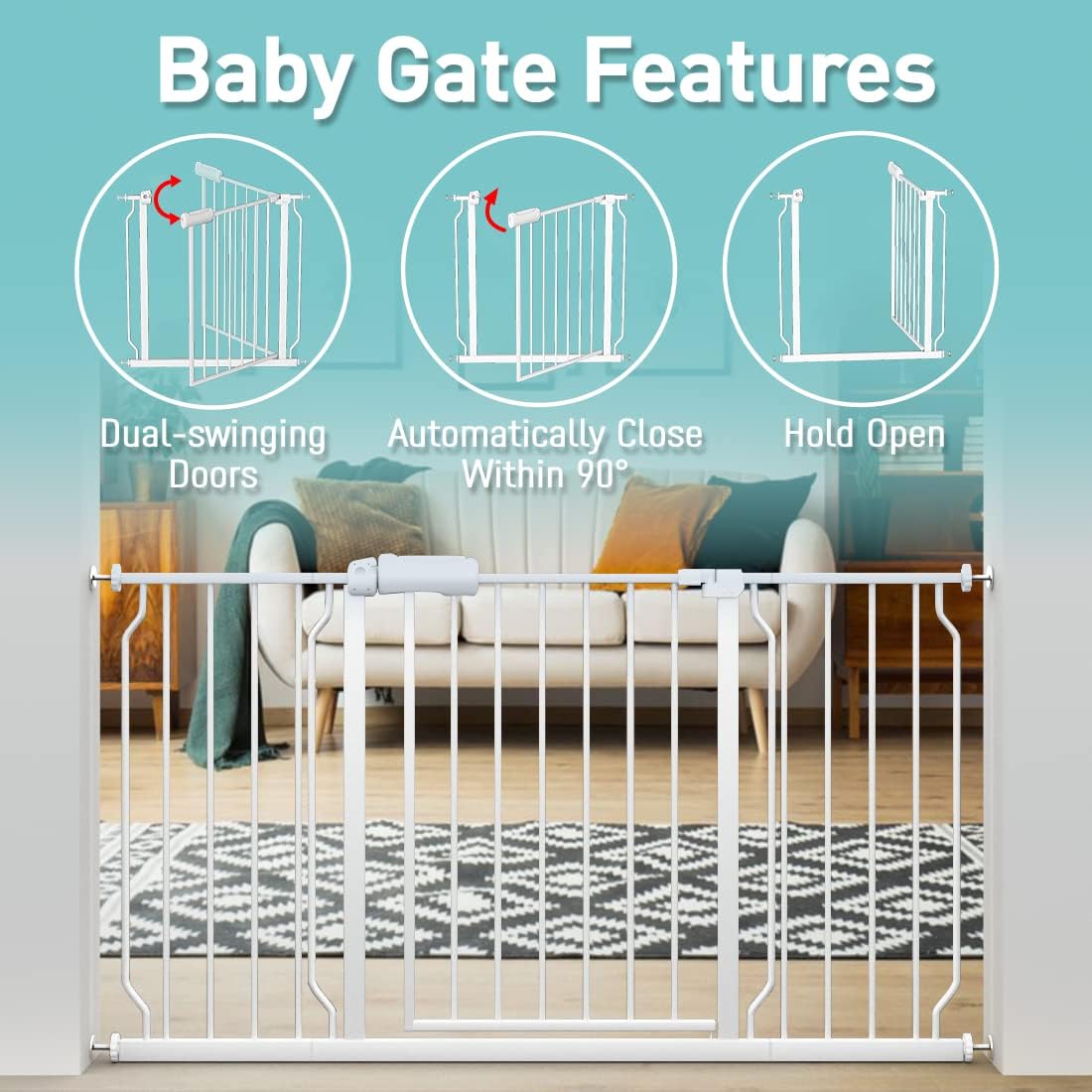 WAOWAO Baby Gate 4.71" Extra Wide Pressure Mounted Walk Through Swing Auto Close Safety White Metal Toddler Kids Child Dog Pet Puppy for Stairs,Doorways,Kitchen