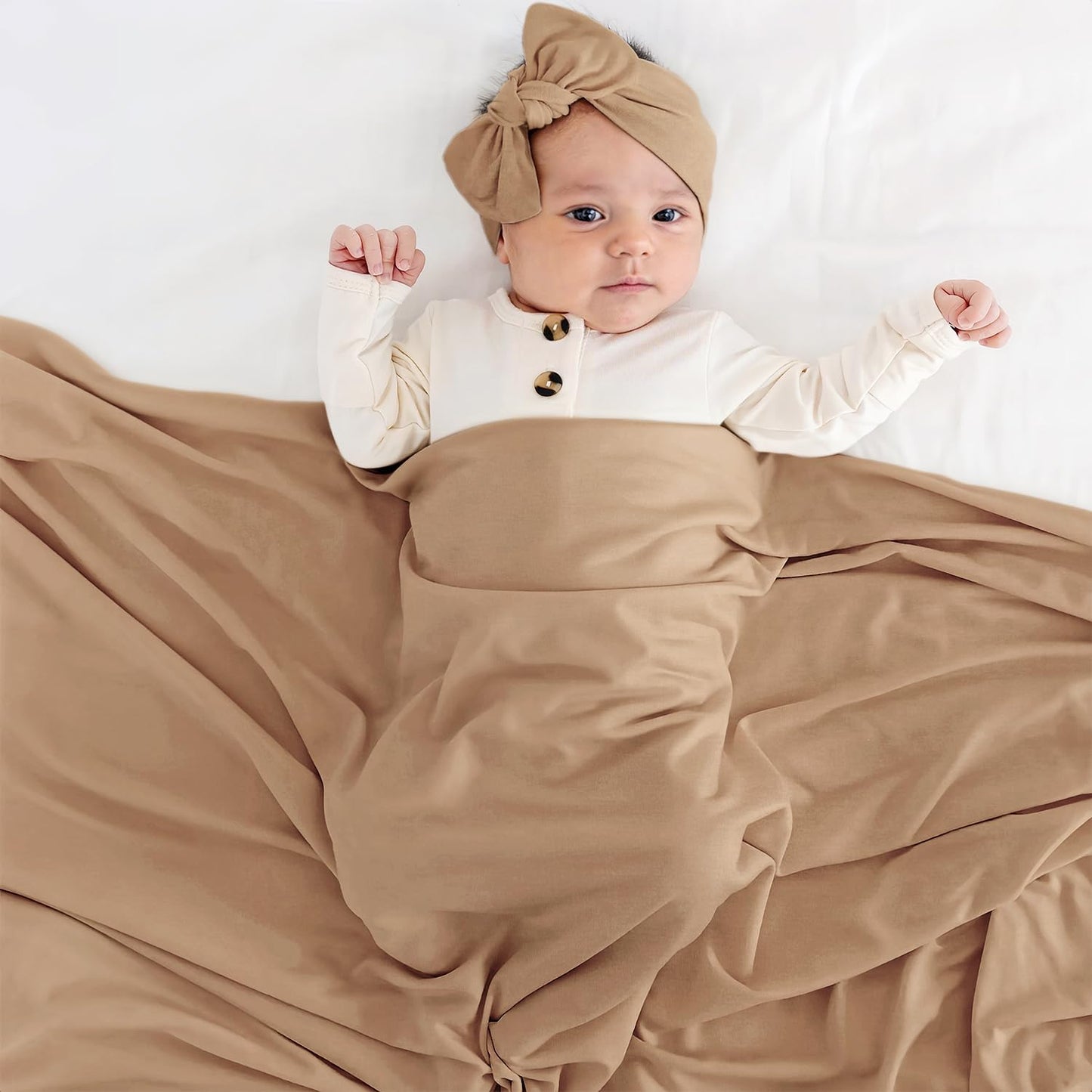 GRSSDER Newborn Swaddle Blanket, Ultra Soft Jersey Receiving Blanket with Matching Headband and Beanie Set 33×44", Stretchy Baby Neutral Swaddle Wrap for Girls and Boys