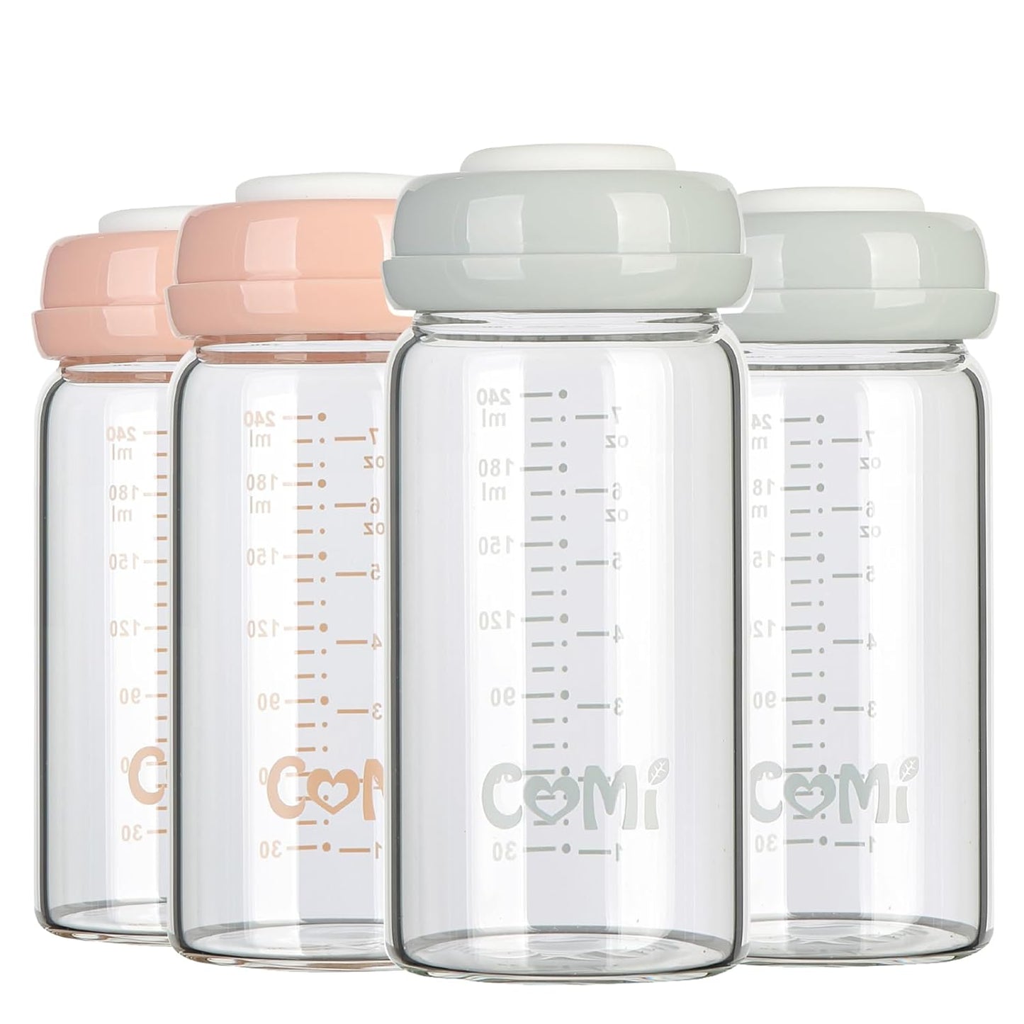 COMI Wide Neck Glass Breastmilk Collection n Storage Bottle, 4 Packs, 8oz with Screw Ring Sealing Disk; Re-markable Sealing Disc. BPA Free, Fits Breast Pumps & Nipples (2 Gray Lids + 2 Pink Lids)