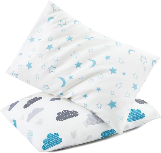 TILLYOU Toddler Pillowcase 2 Pack with Envelope Closure,Silky Soft Microfiber 13" x 18" Kids Travel Pillow Cases,Blue Clouds & Blue Stars