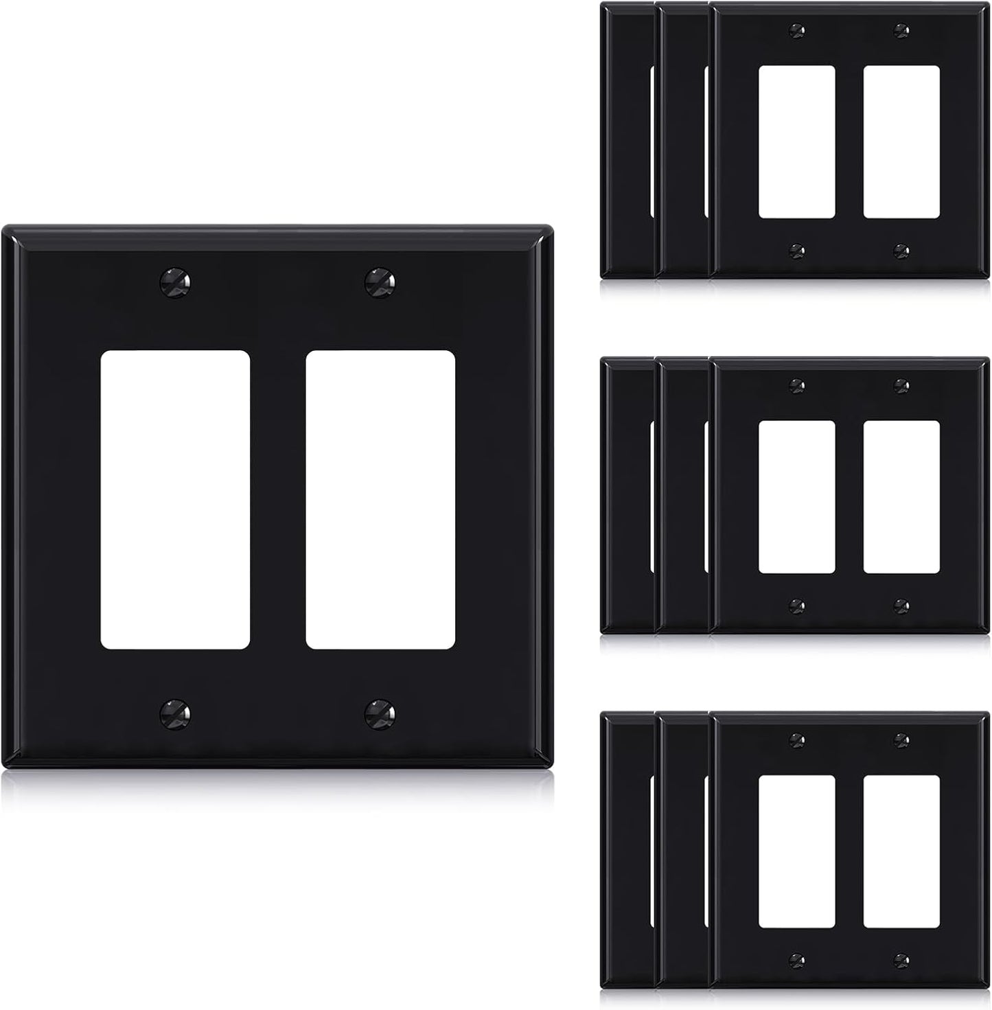ELEGRP 2-Gang Decorative Wall Plates, Mid-Size 4.88" H x 4.94" L Unbreakable Thermoplastic Faceplate Cover for Decorator Receptacle Outlet Switch, UL Listed (10 Pack, Glossy Black)