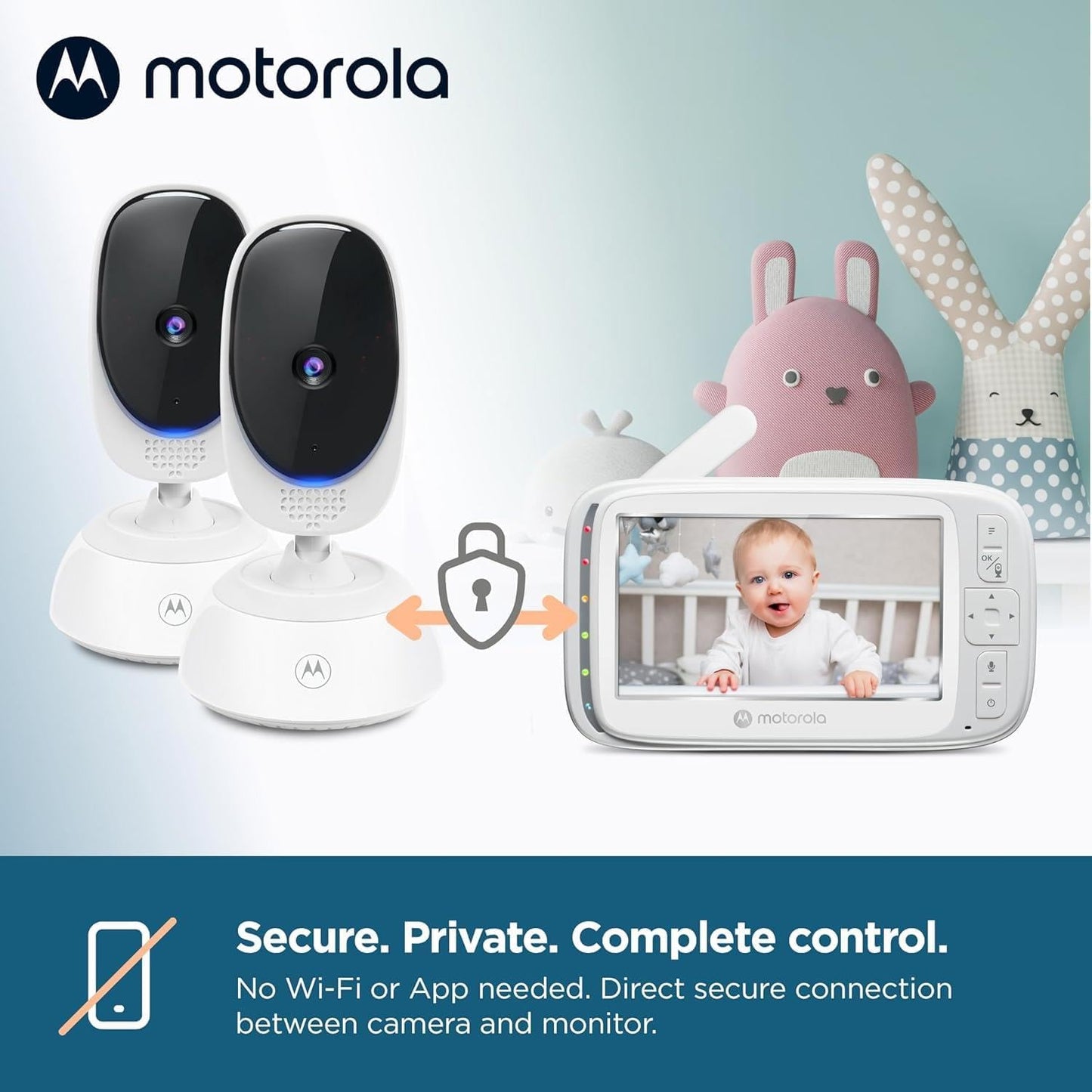 Motorola Nursery VM75 2-Camera Video Baby Monitor, 1000ft Range no WiFi 2.4 GHz Wireless, 5" Screen, 2-Way Audio, Pan/Tilt/Zoom, Room Temp, Lullabies, Night Vision (Renewed)