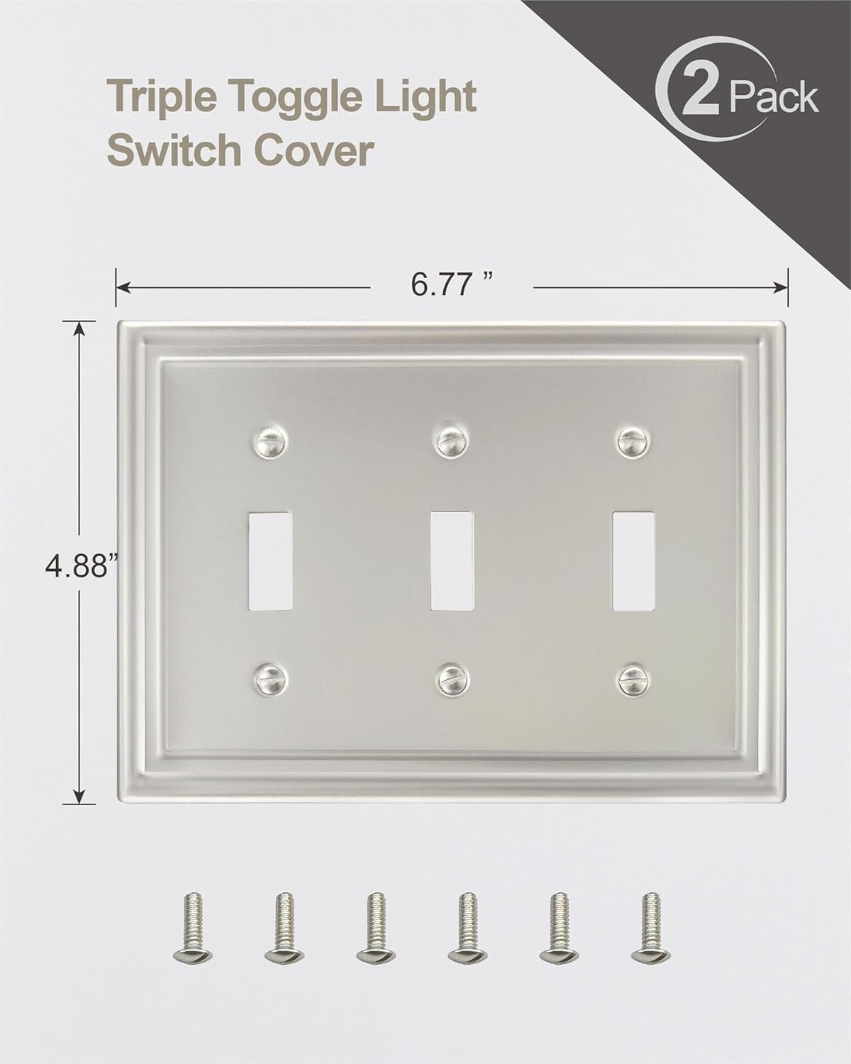 2-Pack Triple Toggle Wall Plate, Satin Nickel Light Switch Cover, Metal Switch Covers Wall Plate, Midsize, A035 Series