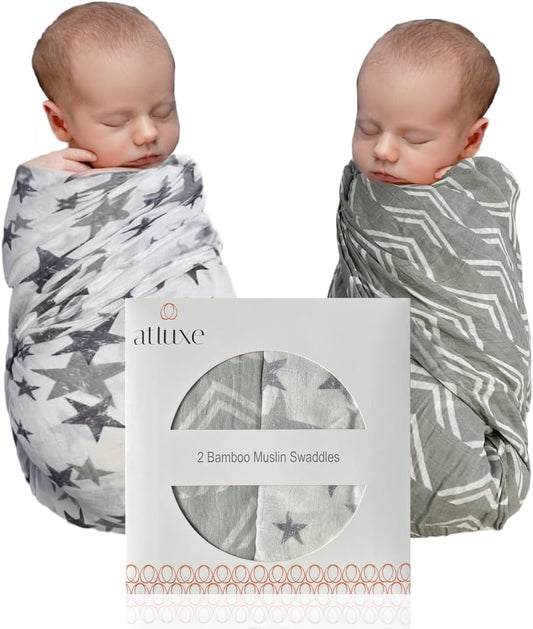 Premium Baby Swaddle Blanket - 2 Pack Muslin Swaddle Blankets Neutral, Softness Upgrade, Breathable 47''x47'' Nursery Wrap for Boys & Girls - Unisex, 70% Viscose from Bamboo, 30% Cotton (Gray)