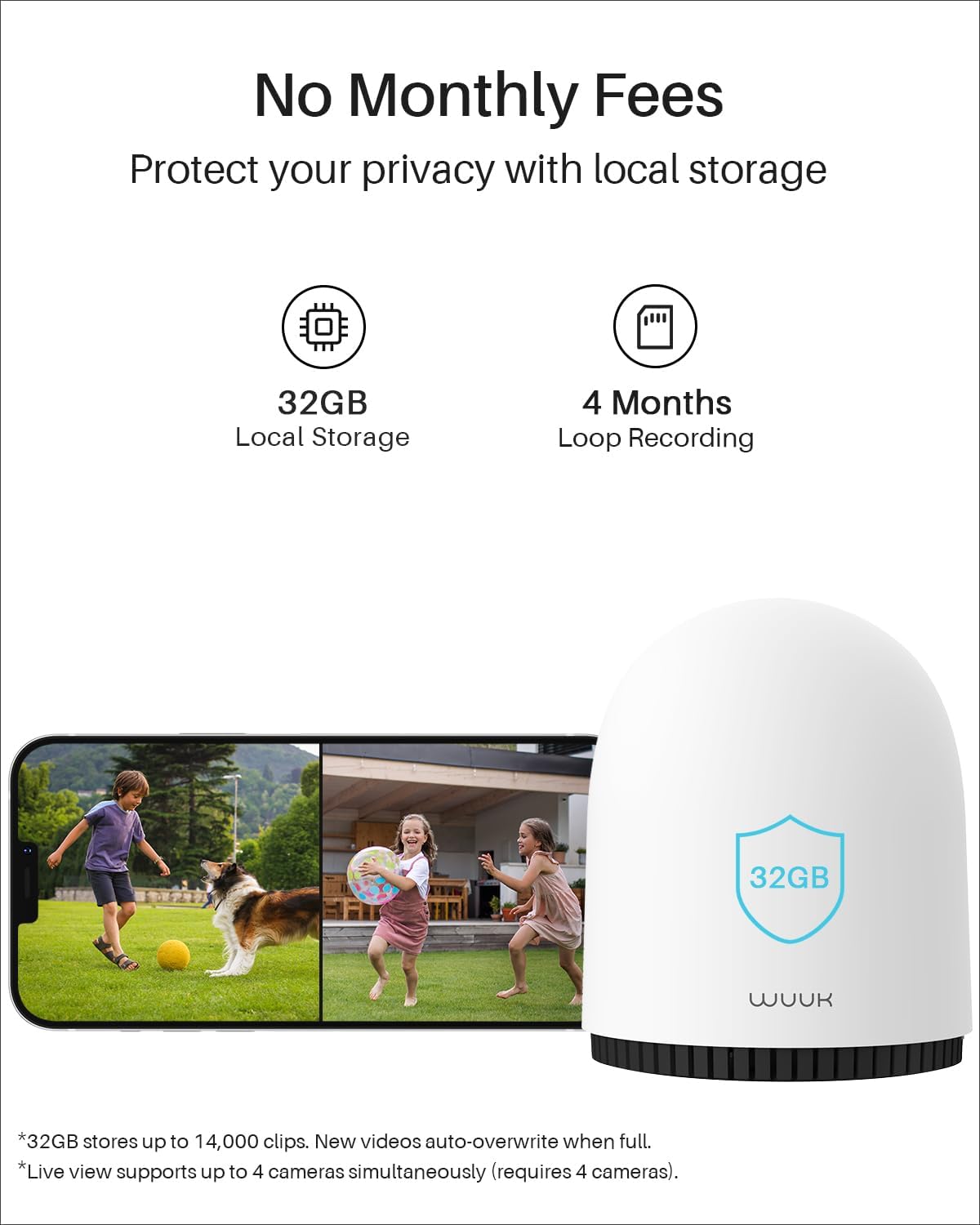 WUUK Security Cameras Wireless Outdoor 2K, Homebase + 4 Cameras, No Monthly Fees, 32GB Storage, 240 Days Battery Life, Night Vision, Motion Detection, 2.4/5 GHz WiFi, Compatible with Alexa & Google