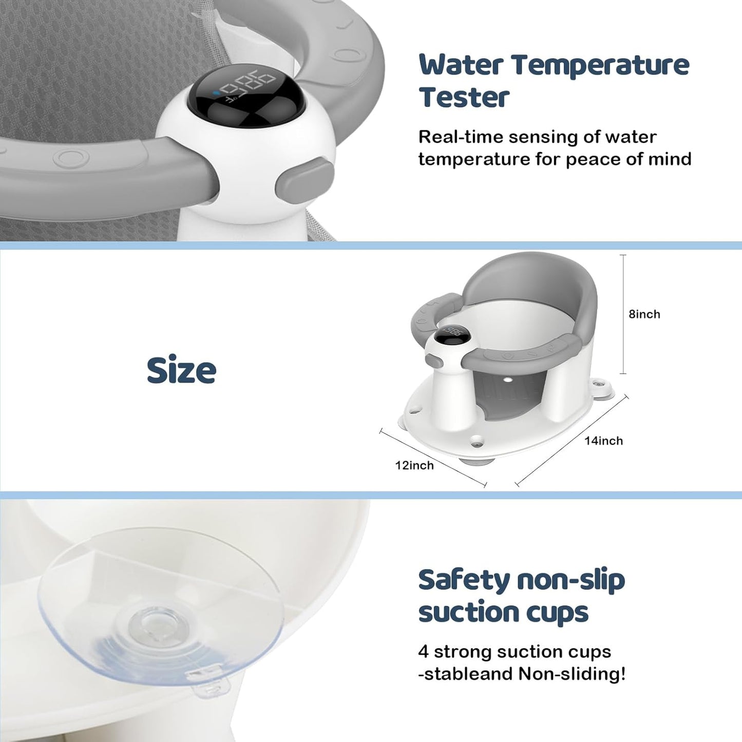 Baby Bath Seat-for Babies 6 Months & up, Water Temperature Display+Soft Cushion, Non-Slip Toddler Bath Seat for Baby, Sit Up Bath Seat for Baby, Grey