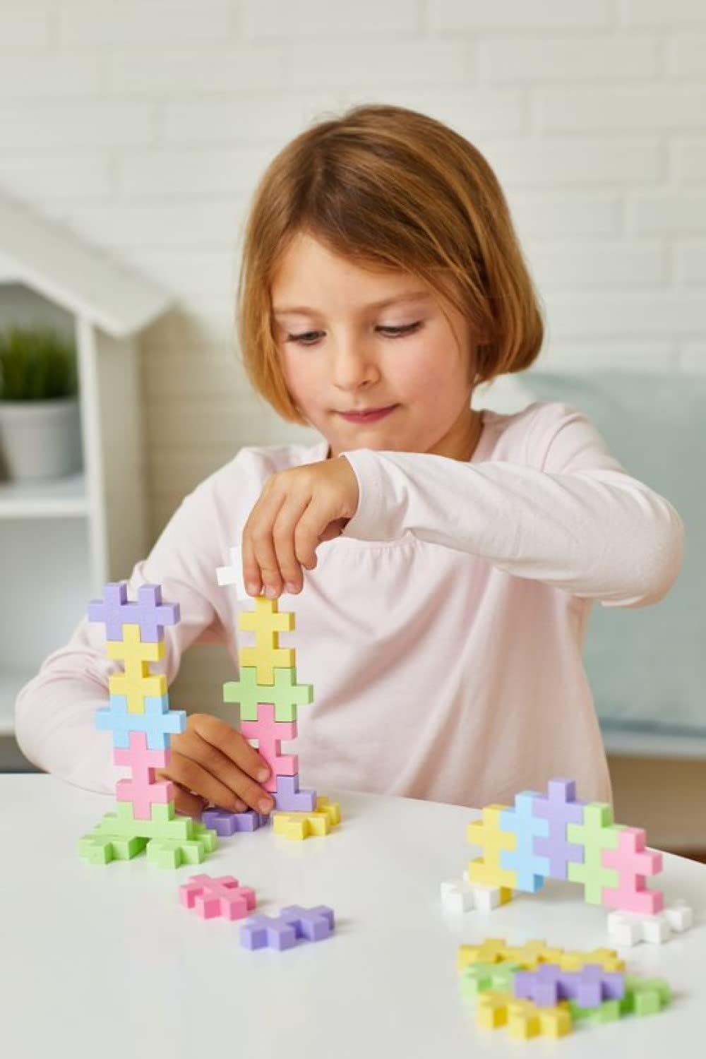 PLUS PLUS Building Set with Metal Suitcase, Open Ended Stem Toy for Toddlers and Preschool, 70 Big Pastel Interlocking Pieces