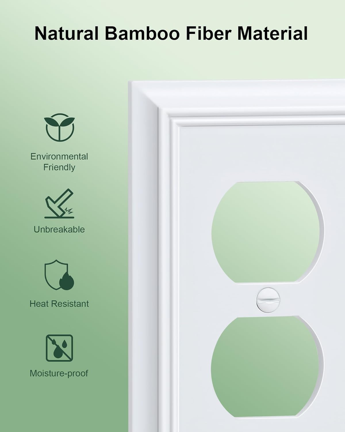 2-Pack Duplex Outlet Cover Plate, Decorative Pure White Switch Plates and Outlet Covers, Natural Bamboo Fiber Wall Plates for Electrical Outlets, 1 Gang Receptacle Cover, Corrosion Resistant