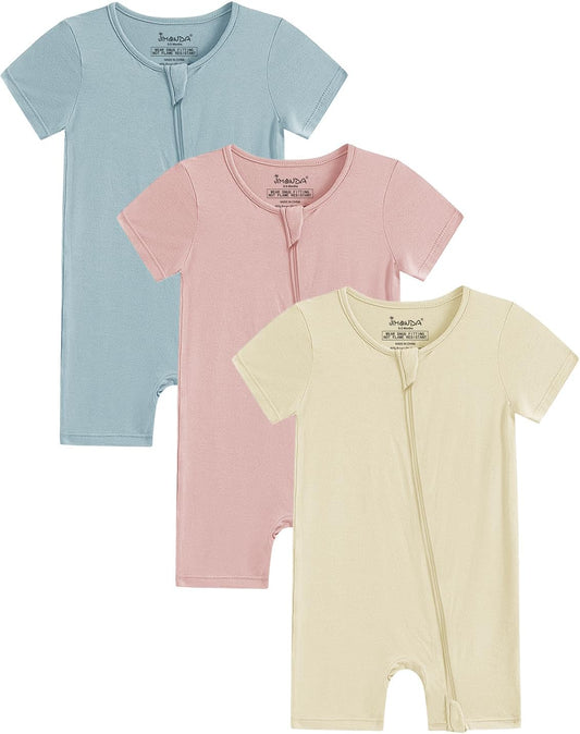 Jimonda Boys Baby Girls Short Sleeve Romper Unisex Baby Footless Pajamas With Viscose 2-Way Zipper Front 3Pcs0-24Months