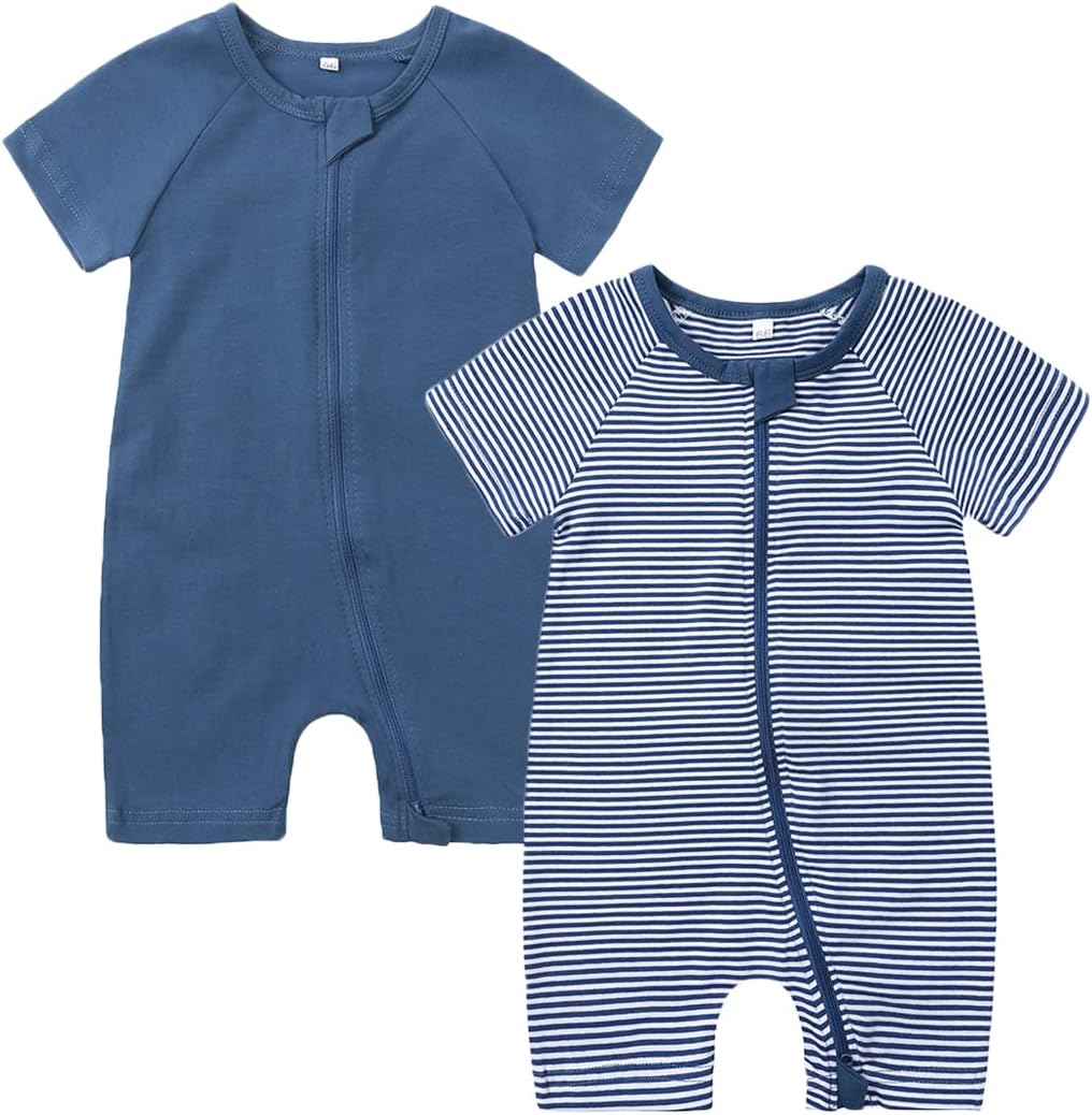Feidoog Baby Boys 2Pack Rompers Summer Short Sleeve 2 Way Zipper One-Piece Romper Jumpsuit Sleep and Play