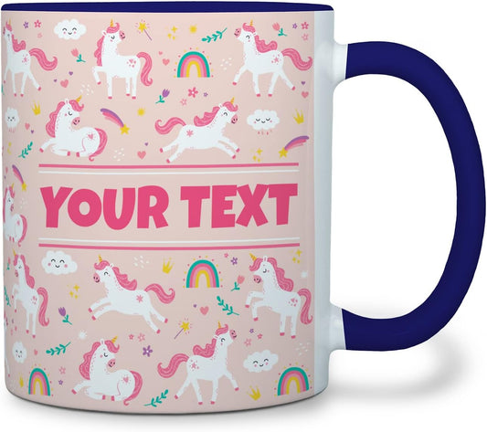 Personalized Mug for Kids - Pink Unicorn - Custom Name/Text, Ceramic Hot Chocolate/Cocoa/Coffee Cup for Girls, Birthday/Christmas/Holiday Gift - 11 oz, Navy Blue Handle