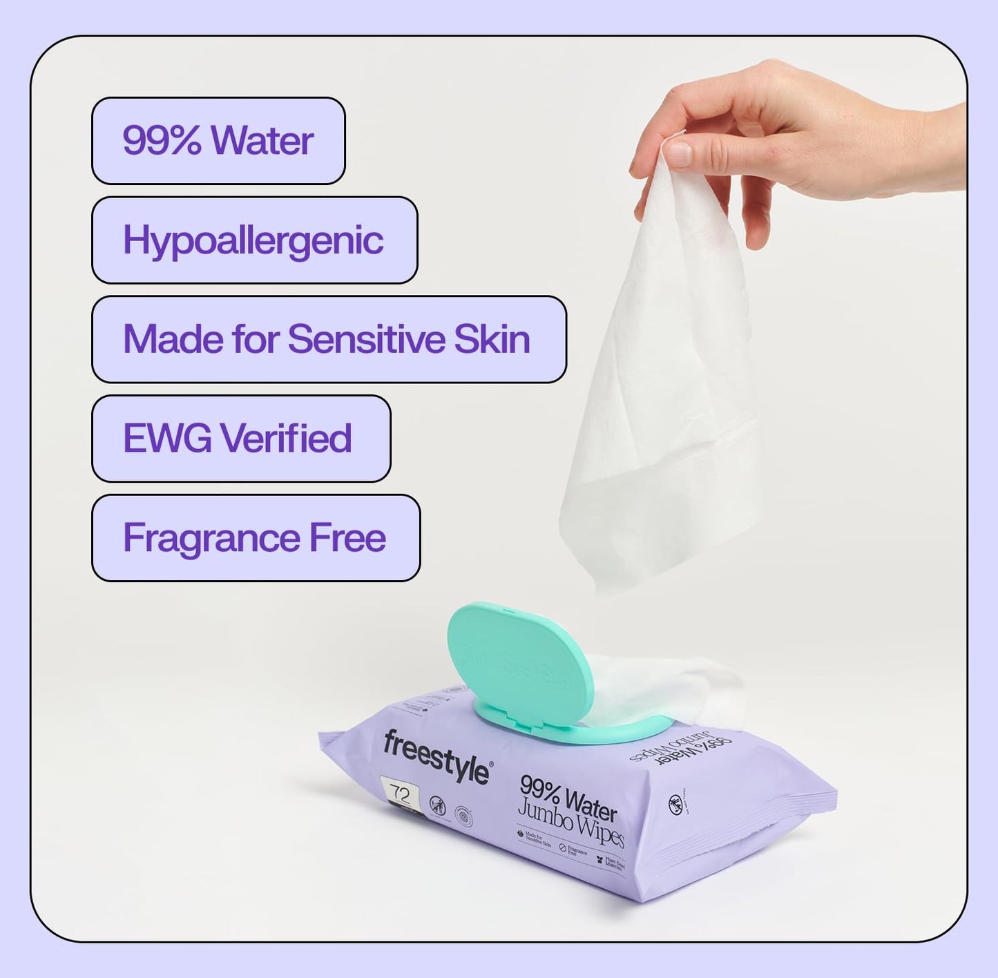 Freestyle Soft Jumbo Baby Wipes, Hypoallergenic and Unscented, Water-Based Wet Wipes for Babies, Finely Suited for Sensitive Skin, Thick & Oversized, Pack of 6, 72 Wipes Per Pack