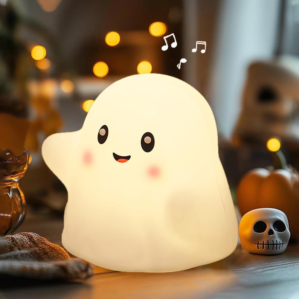 Ghost Night Light for Kids, Silicone Nursery Nightlight with 13 Interactive Sound Effects ,Halloween Decor Lamp Adjustable Dimmable Lamp with Touch Sensor Children's Christmas Gifts (white ghost)