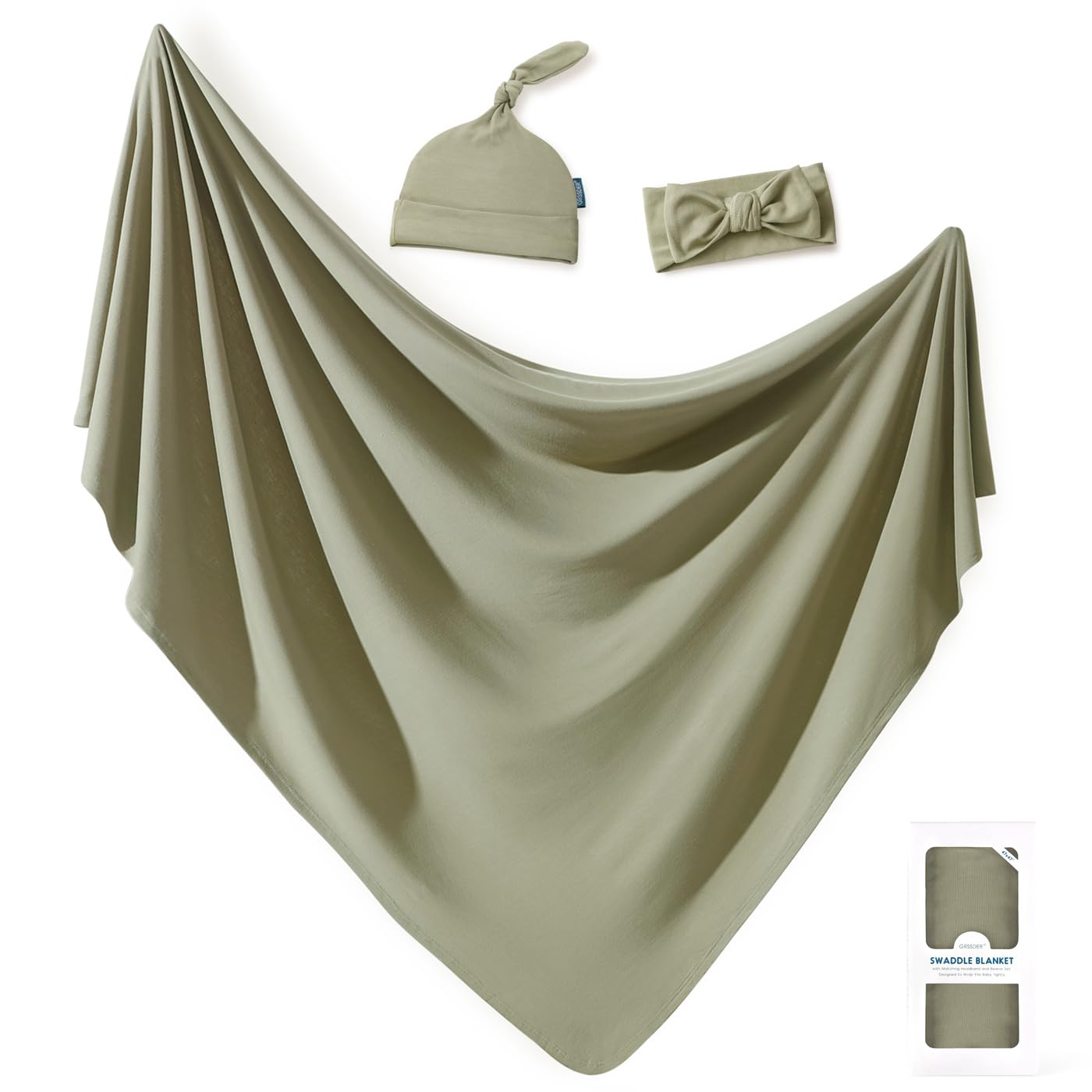 GRSSDER Newborn Swaddle Blanket, Ultra Soft Jersey Receiving Blanket with Matching Headband and Beanie Set, 47×47" Extra Large Nursery Swaddle Wrap for Girls and Boys