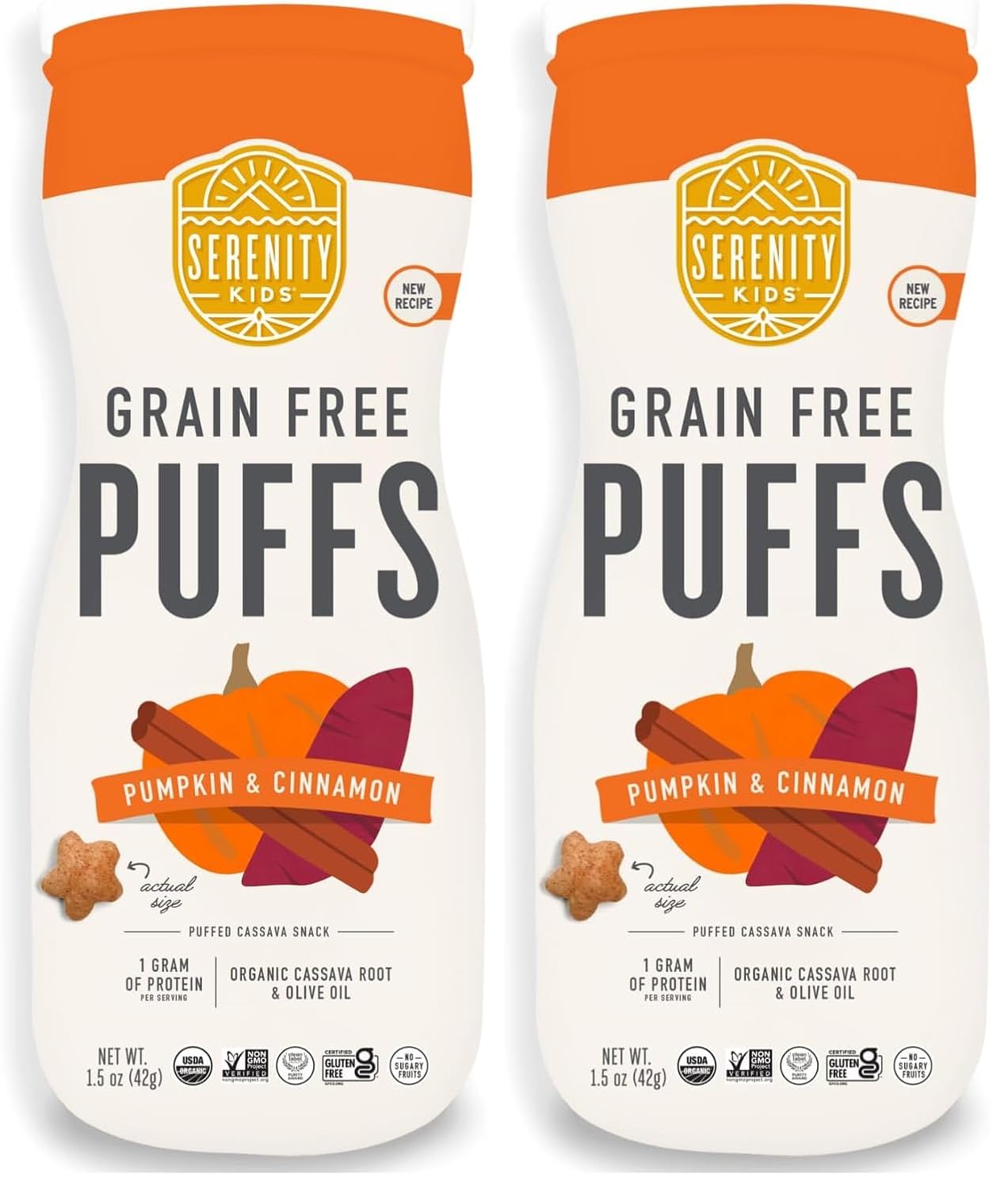 Serenity Kids 6+ Months Grain Free Puffs Toddler & Baby Snack | No Added Sugar, Gluten & Rice Free, Allergen Free | Made with Organic Cassava, Veggies, and Herbs | Pumpkin & Cinnamon | 1 Count