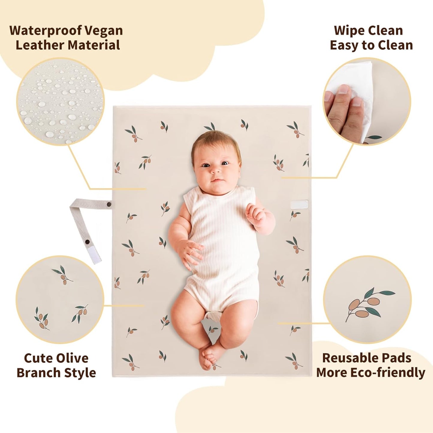 Vegan Leather Portable Changing Pad - Waterproof Compact Baby Changing Mat - Foldable Travel Diaper Changing Pad, Newborns Shower Gifts (Olive Branch with Strap, 20"*28")