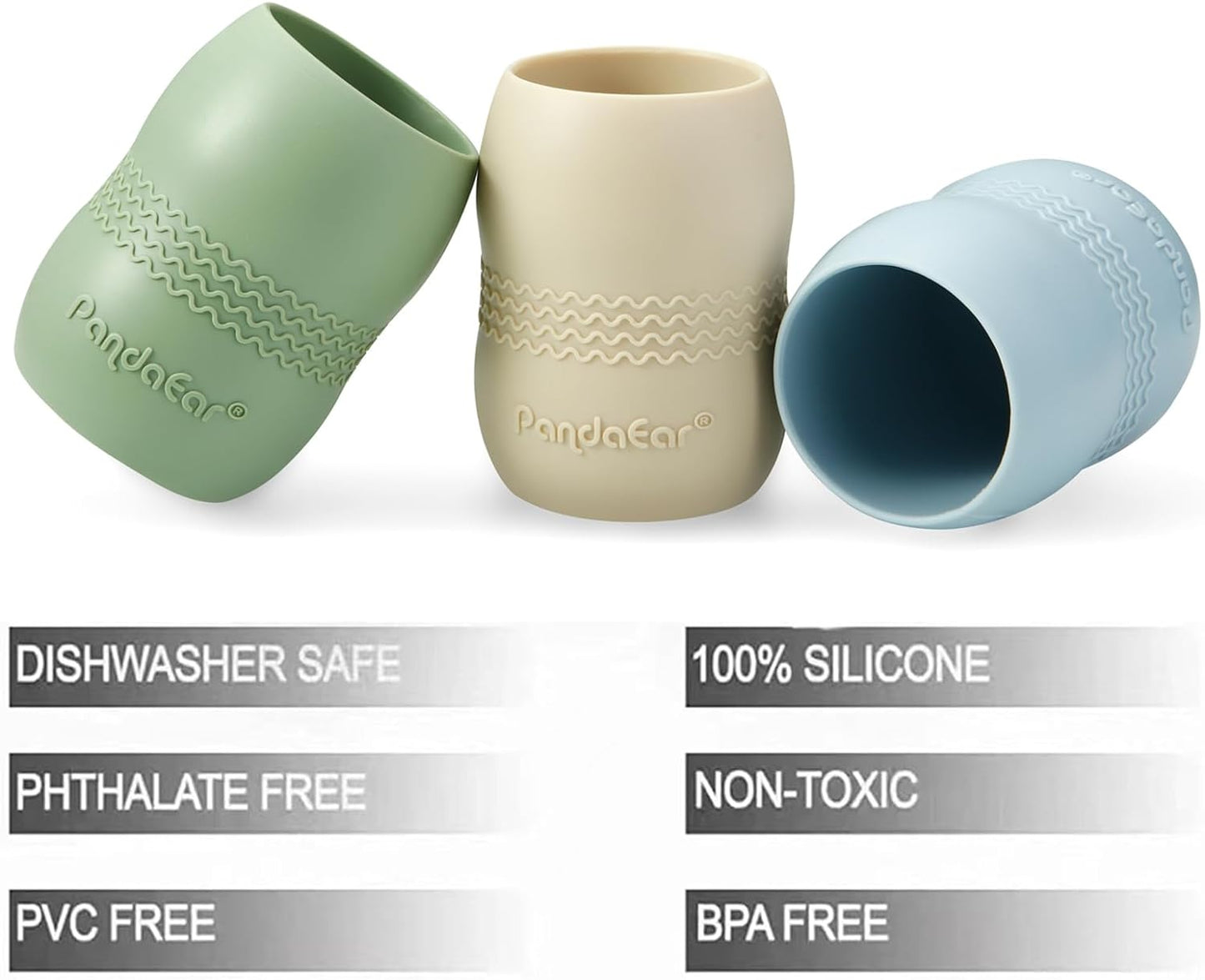 PandaEar 3 Pack 100% Tiny Silicone Drinking Training Cup for Baby and Toddler, Tiny Open Cups for Infants (Blue/Green/Tan)