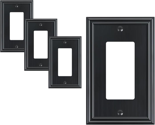 TREWELL 4-Pack Black Decorative Switch Plates and Outlet Covers, Durable Zinc Alloy, Compatible with Decorator Outlet Receptacle, Rocker Switch, Dimmer Switch, GFCI Outlets, Size 3.15''W x 4.92''H