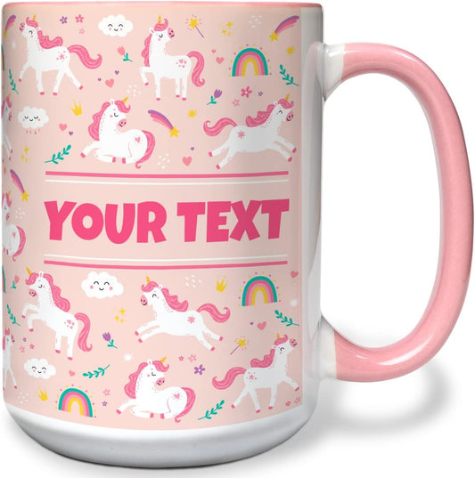 Personalized Mug for Kids - Pink Unicorn - Custom Name/Text, Ceramic Hot Chocolate/Cocoa/Coffee Cup for Girls, Birthday/Christmas/Holiday Gift - 15 oz, Pink Handle