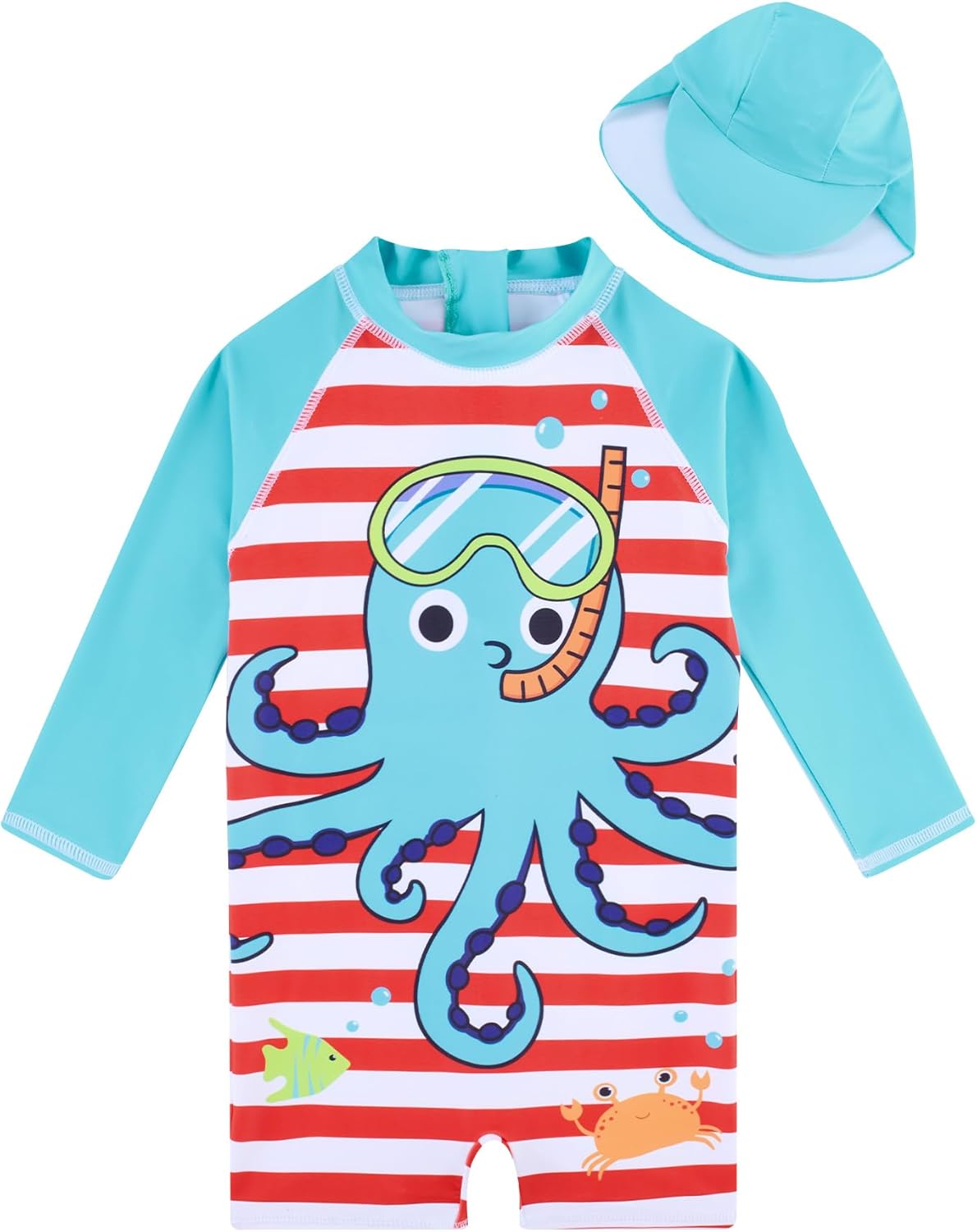 uideazone Baby Boys One Piece Swimsuit Long Sleeve UPF 50+ Rash Guard Bathing Suit Swimwear with Sun Hat 0-24 Months