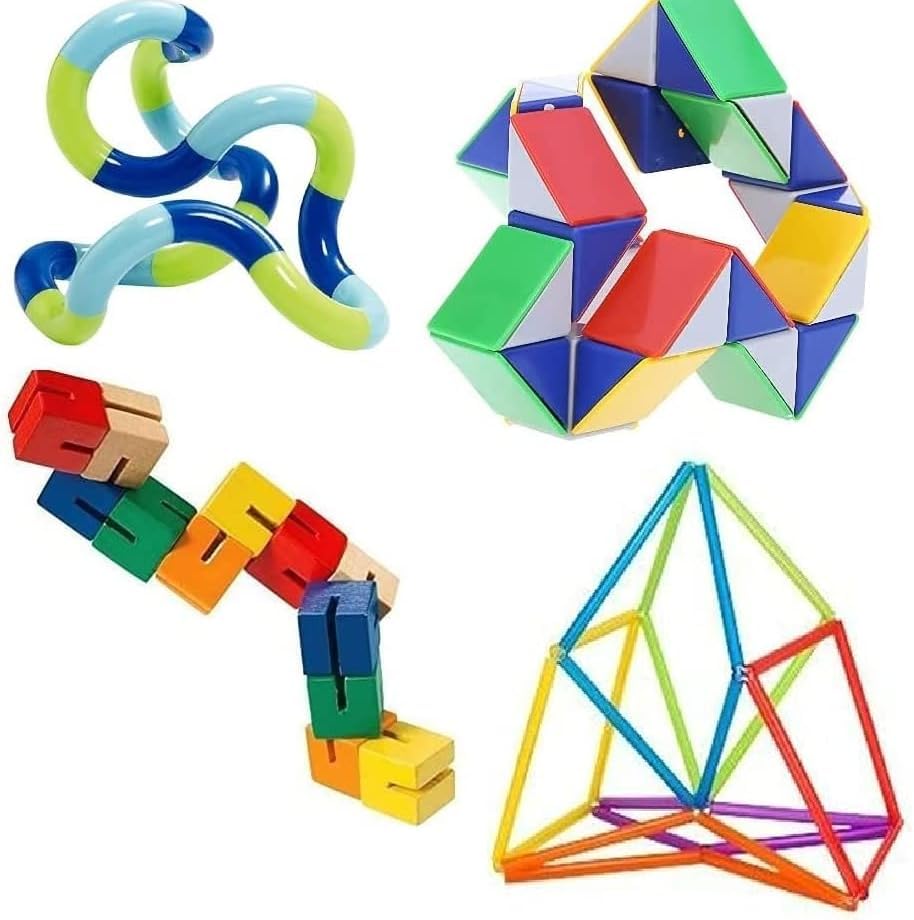 Fidget Stress Reliever Brain Teaser Dexterity Decompression 4 Pack Including a Genuine Tangle® Twister Toy Wooden Fidget Cubes and Snake Cube Puzzle and Polygonzo Geo Twister Shapeshifter