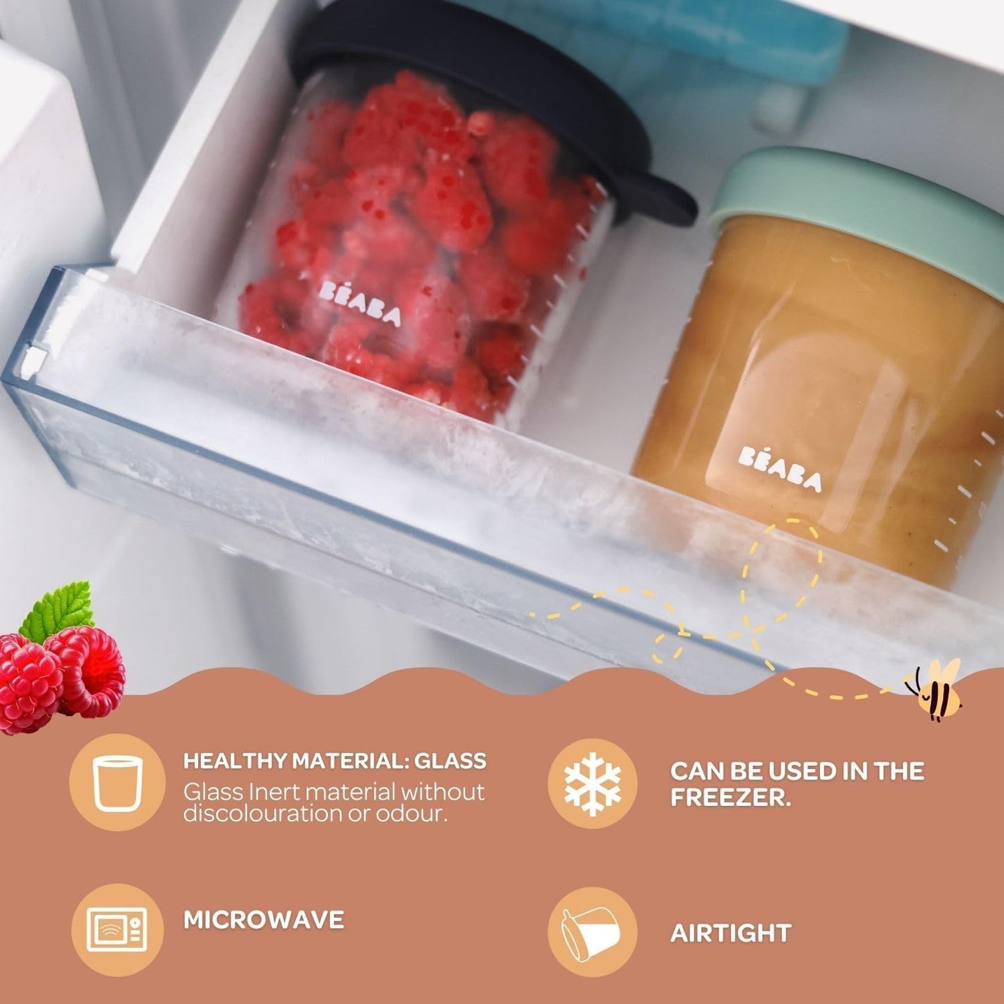 BEABA 4 Pack Glass Baby Food Jars with Soft Silicone Air Tight Lids, 8 oz Glass Storage Containers with Lids, Microwave and Freezer Safe Containers, Sunrise