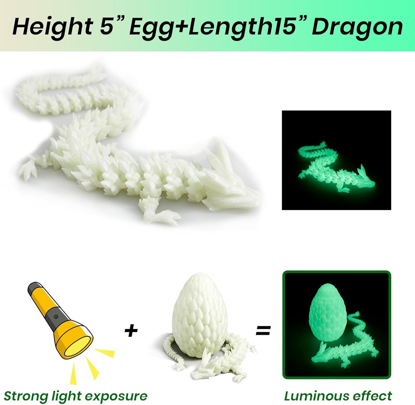 Dragon Egg,15 inchs Crystal Dragon,Articulated Dragon, Fidget Toys for Autism/ADHD,3D Printed Gift Toy, Executive Desk Toys,Home Office Decor (Luminous Green)