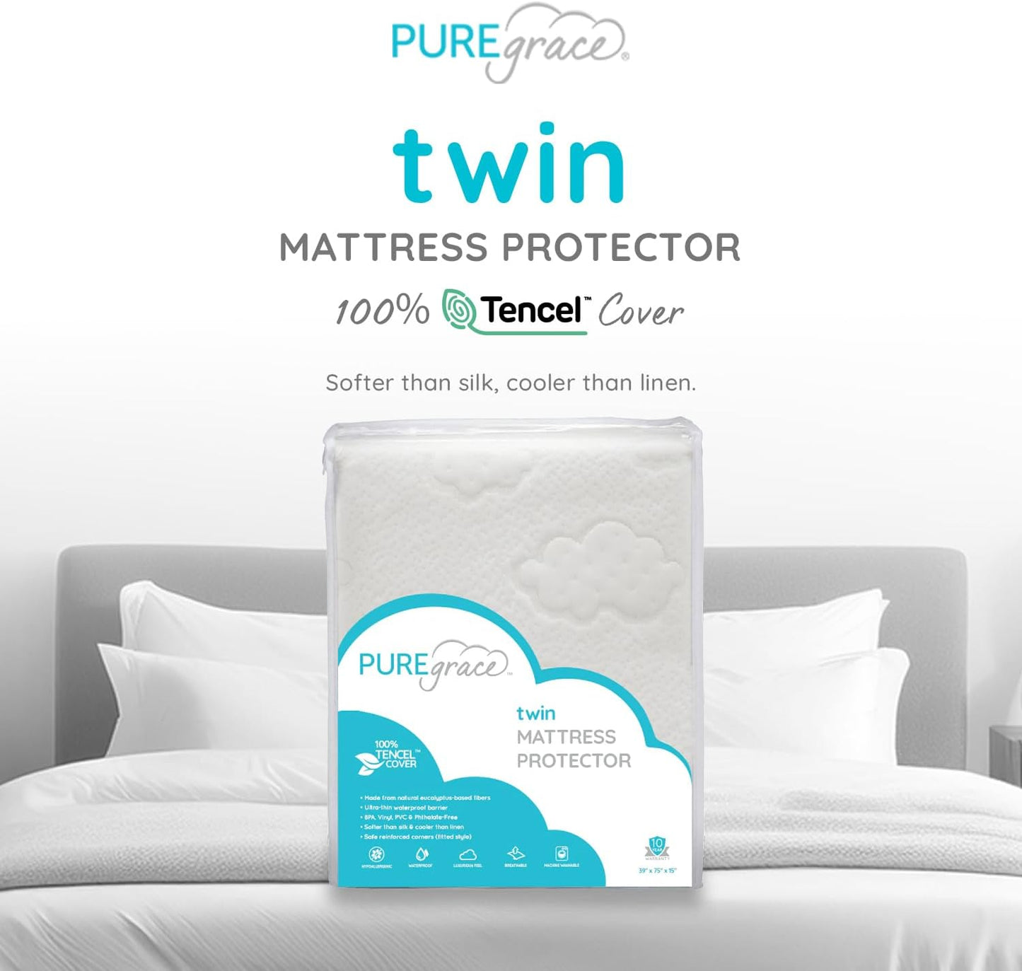 PUREgrace Tencel Mattress Protector (Twin) – Waterproof, Noiseless Cover for Potty Training, Breathable and Soft with Deep-Pocketed Corners for Secure Fit