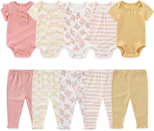Kiddiezoom Newborn Baby Layette Set 10-Piece with Bodysuits and Pants Set for Unisex Baby Gift Sets