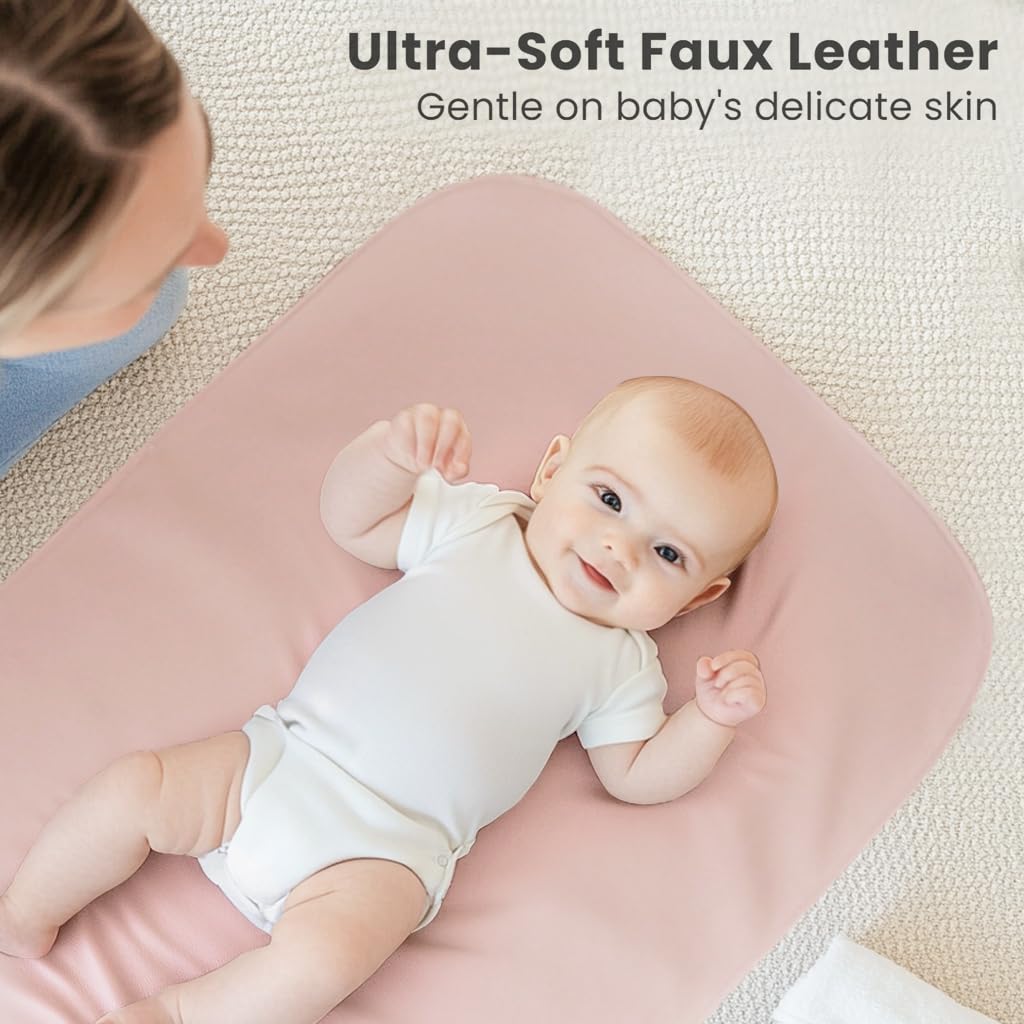Konssy 2 Pack Faux Leather Baby Changing Mat 30"x17", Foldable and Wipeable Portable Changing Pad, Waterproof and Soft for Travel or Home Use (Blush,Beige)