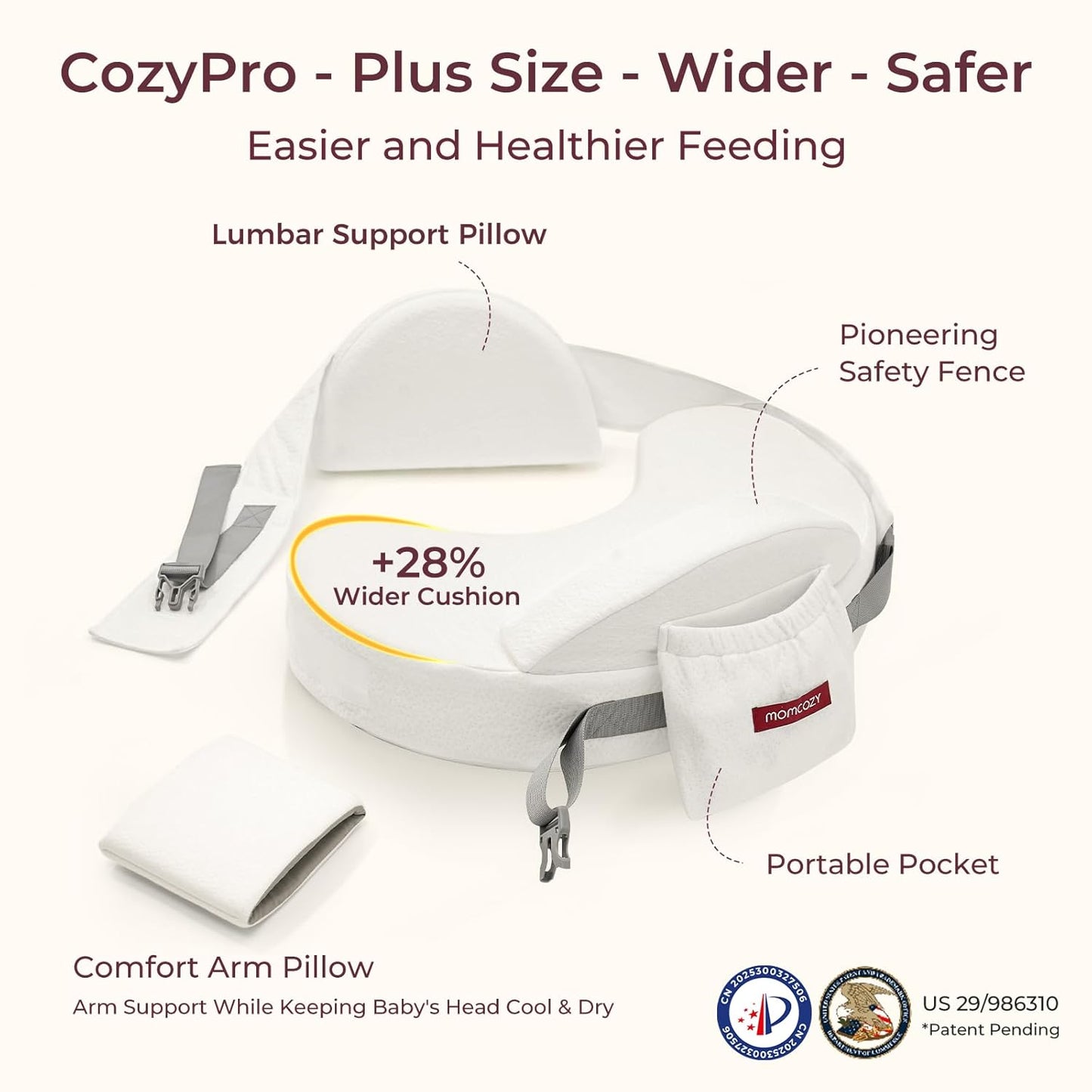 Momcozy CozyPro Nursing Pillow for Breastfeeding - All Around Ergonomic Comfort & Support - Pioneering Safety Fence - Plus Size Wider Feeding Pillow with Lumbar Support for Easier & Healthier Nursing