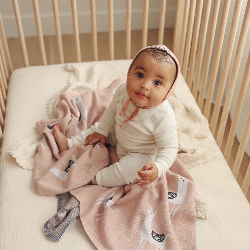Knit Swaddling Baby Blanket - 100% Fine Loomed Cotton Cozy Receiving Cuddle Stroller Crib Swaddling Stroller Swaddle Quilt Blanket for Newborns Infants Toddler Boys and Girls (Llama - Pink)