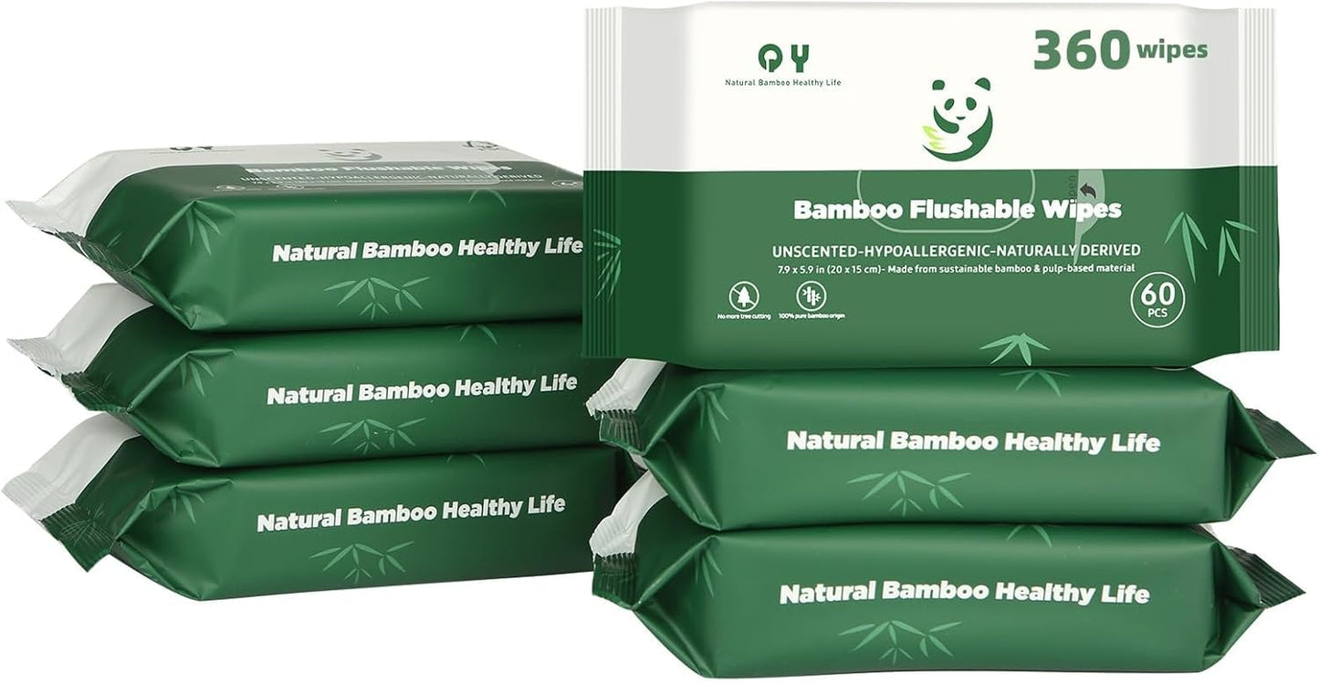 Bamboo Flushable Wipes,Septic Safe,Soft, Soothing Botanicals & Aloe, Unscented,Eco Friendly, Natural Brown Bamboo-Pulp Based Flusable Wipes for Women/kids/Adults 360Count (6 Packs of 60)
