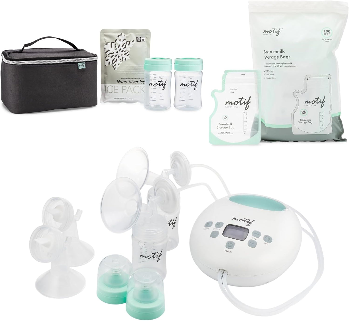 Motif Luna Double Electric Breast Pump Bundle with Luna Cooler Set and Milk Storage Bags, 6 oz - 100 Count - Milk Freezer Bag with Easy Pour Spout