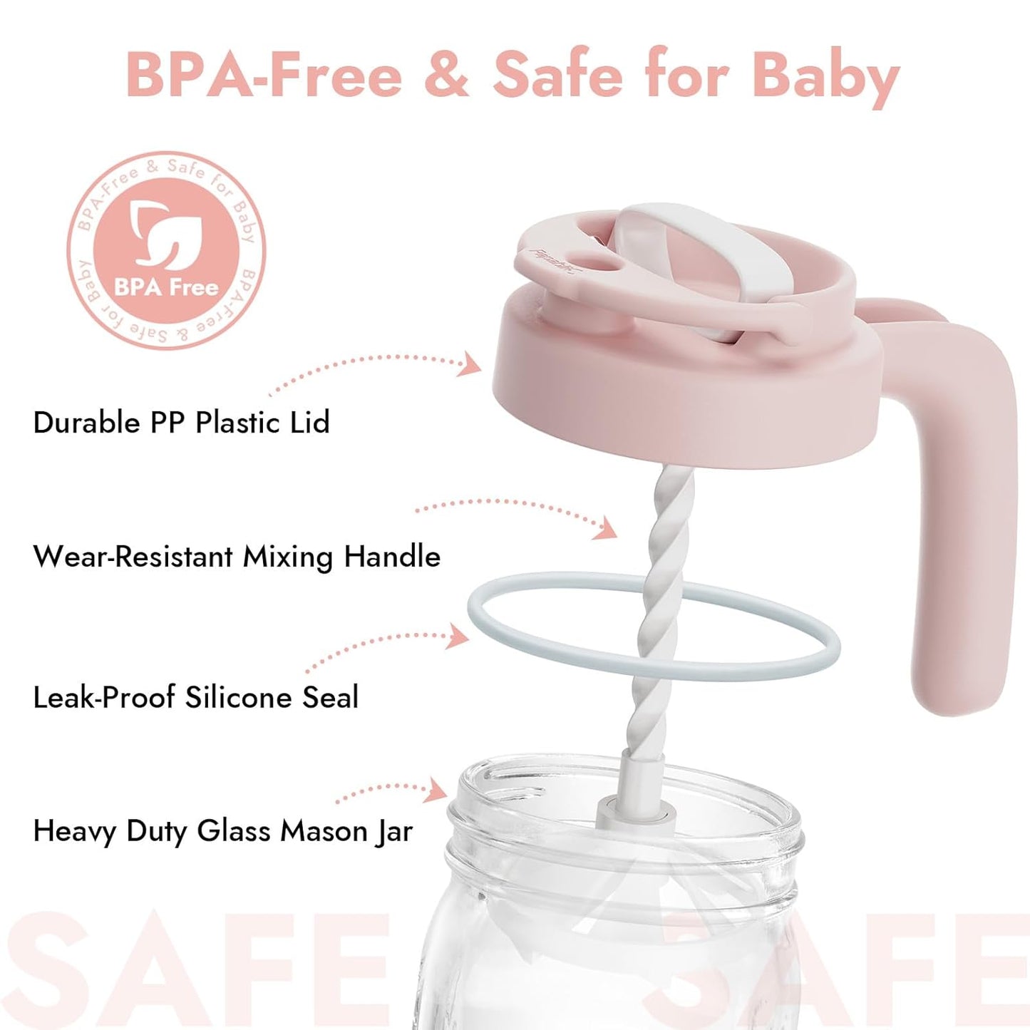Papablic Glass Breastmilk Pitcher, Formula Mixing Pitcher with Mixing Handle Lid, Wide Mouth Mason Jar Mixer with Flip Locking Spout, Easy to Clean, BPA Free, Pink