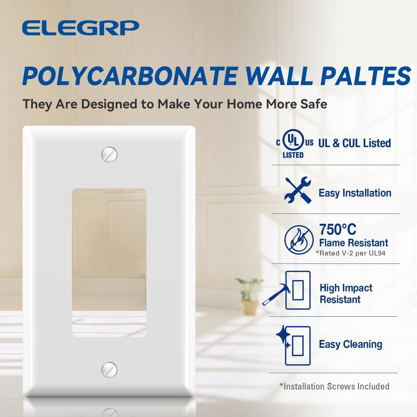 ELEGRP Decorative Receptacle Wall Plate, 1-Gang Mid Size Decorator Covers, Unbreakable Polycarbonate Faceplates for Decorator Device, UL Listed, Screws Included (5 Pack, Glossy White)