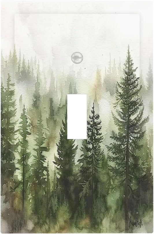 Decorative Light Switch Cover Green Forest Watercolor Painting Foggy Pine 1 Gang Single Toggle Device Electrical Faceplate Switchplates Decorator Outlet Wall Plate for Bedroom living Room