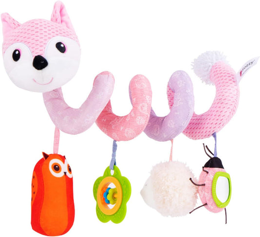 Jollybaby Baby Car Seat Stroller Toys, Plush Activity Hanging Spiral Activity Pram Crib with Music Box, Rattles, Squeaker for Babies Infant Boys Girls(Pink Fox)